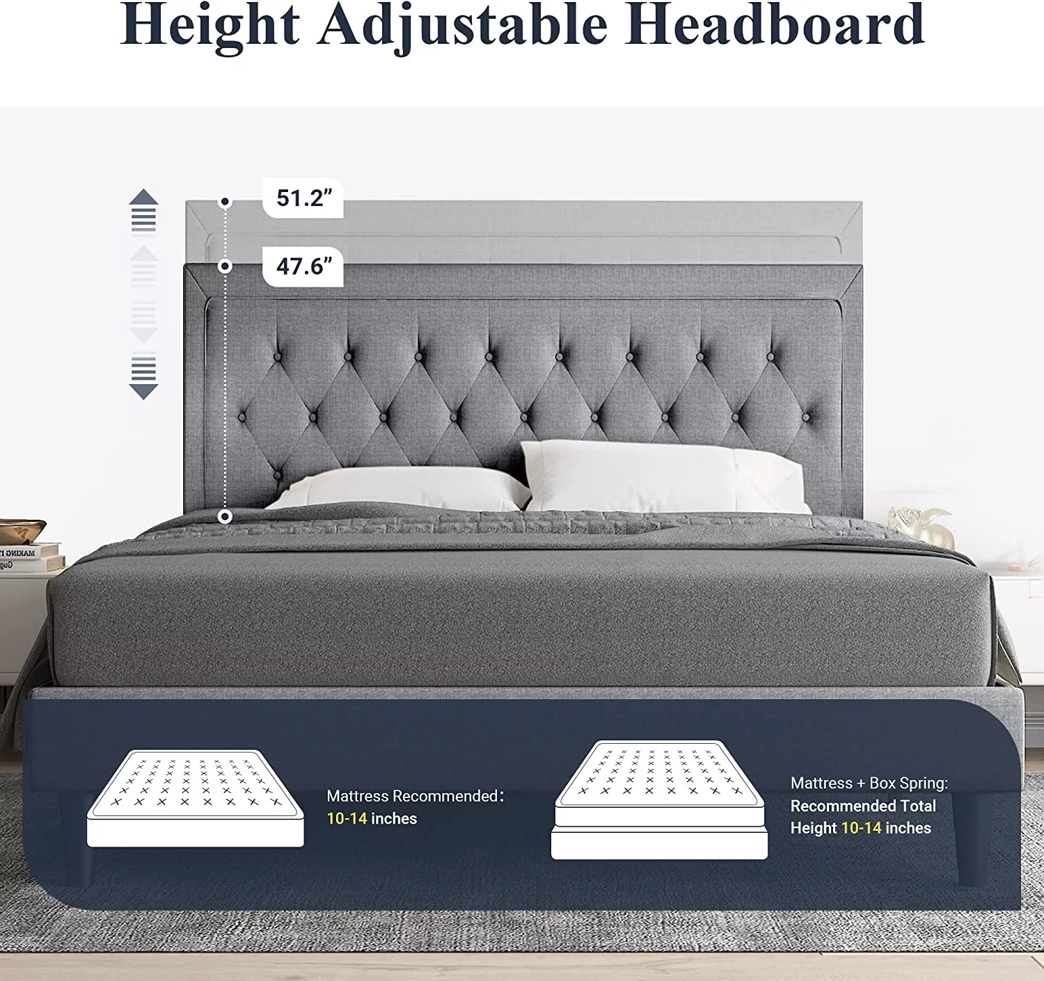 Allewie Queen Size Bed Frame Upholstered Platform Bed with Adjustable Headboard, Box Spring not Needed, Dark Grey - Inhomebuy