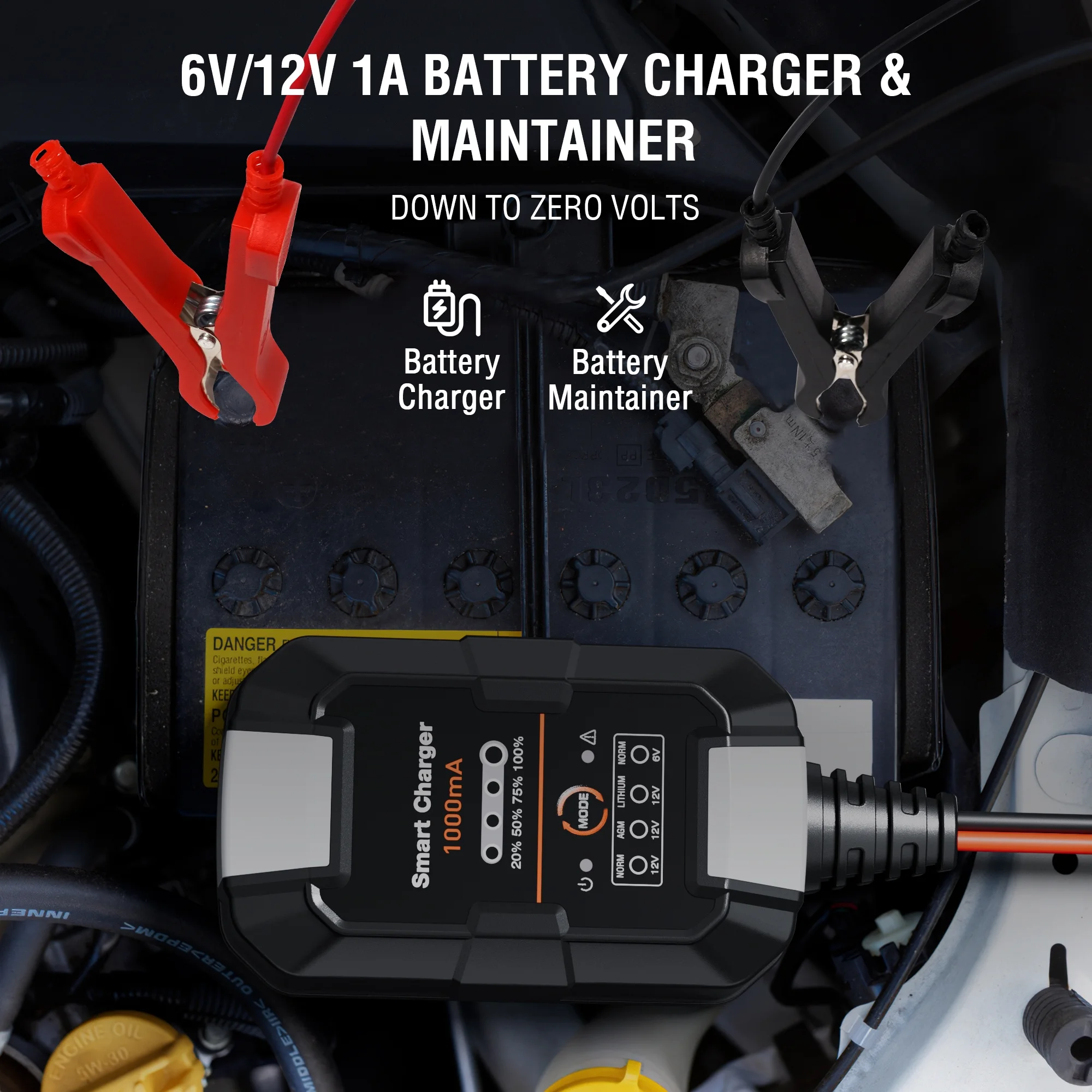 NEXPOW Battery Charger - 6V/12V 1A Trickle Charger, Battery Maintainer for Car Motorcycle - Inhomebuy