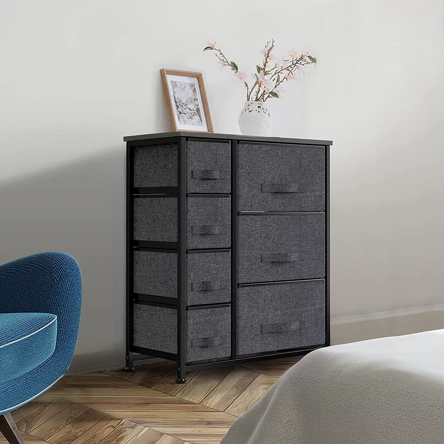 Storage Tower with 7 Drawers Fabric Dresser Drawer Organizer for Bedroom with Steel Frame, Wood Top, Easy Pull Drawer for Closet, Hallway, Entryway Black - Inhomebuy