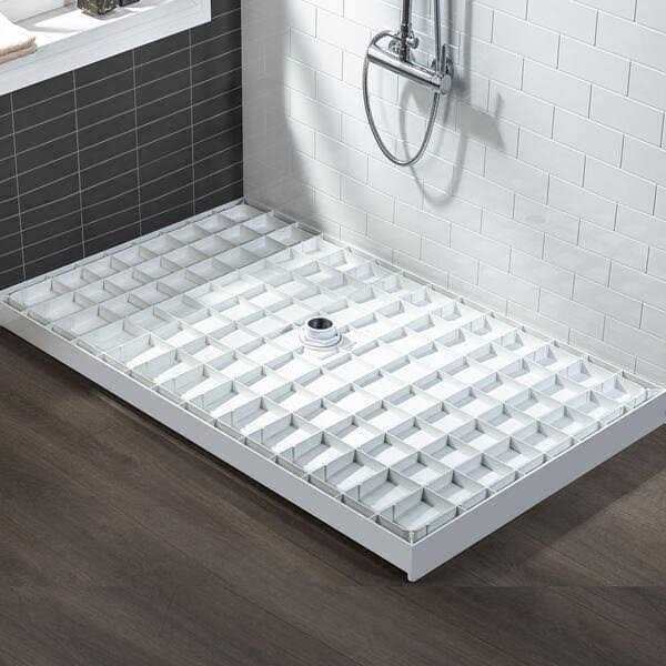 WoodBridge Krasik 60 in. L x Alcove Solid Surface Shower Pan Base Drain in White Cover SBR - Inhomebuy