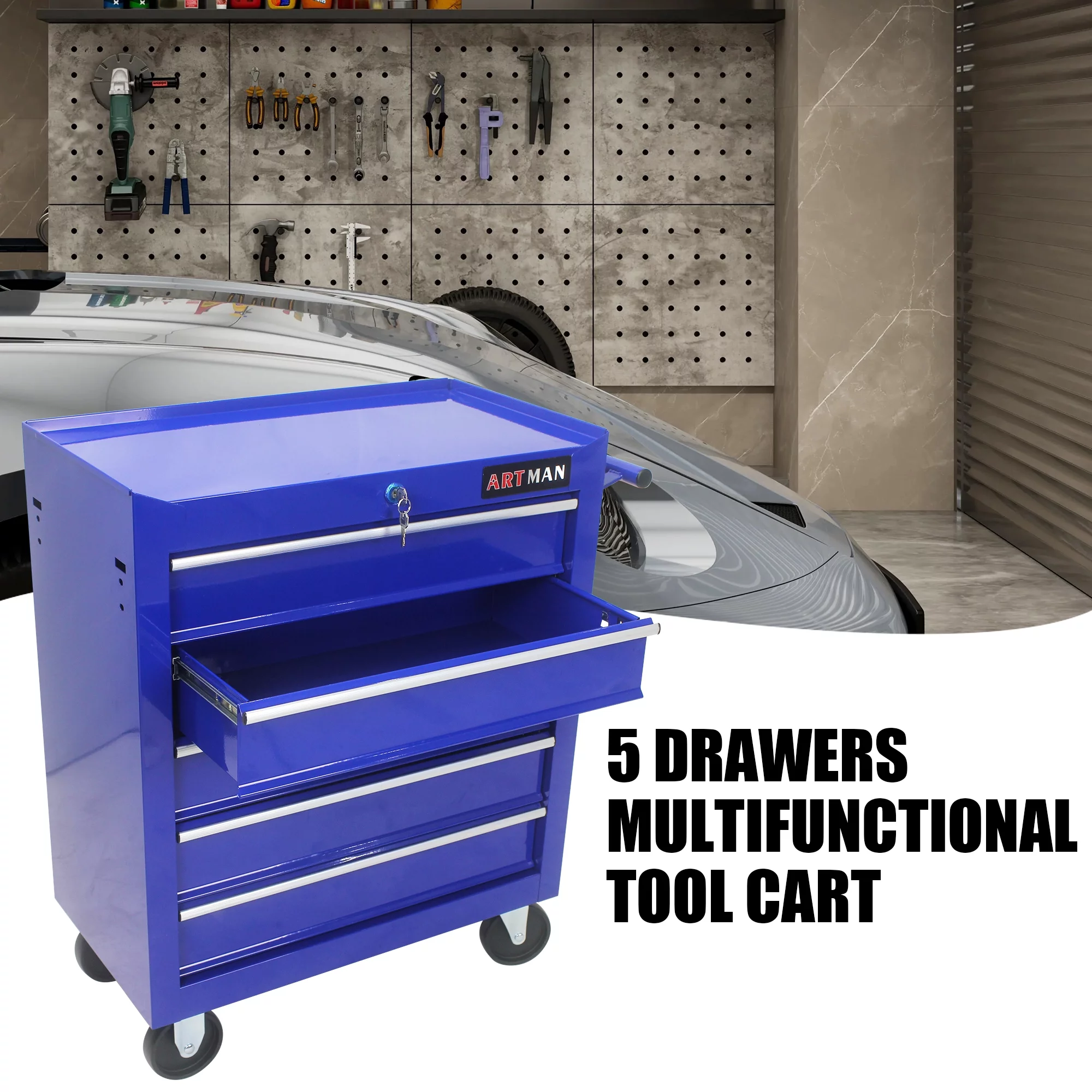 5 Drawers Rolling Tool Chest Cabinet with Wheels, Tool Storage Cabinet and Tool Cart Organizer for Garage Warehouse Workshop, Blue - Inhomebuy