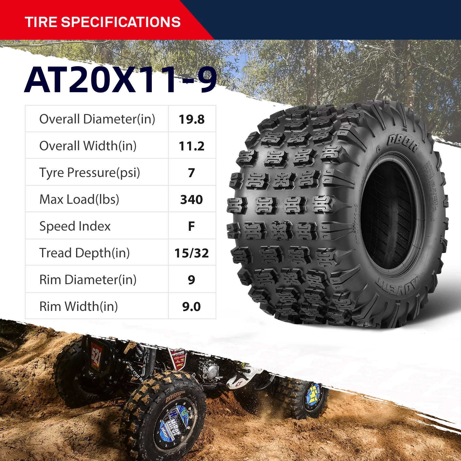 OBOR Advent 20x11-9 20x11x9  ATV Tires 6 Ply GNCC TiresAll Terrain Race Tires Set of 2 - Inhomebuy