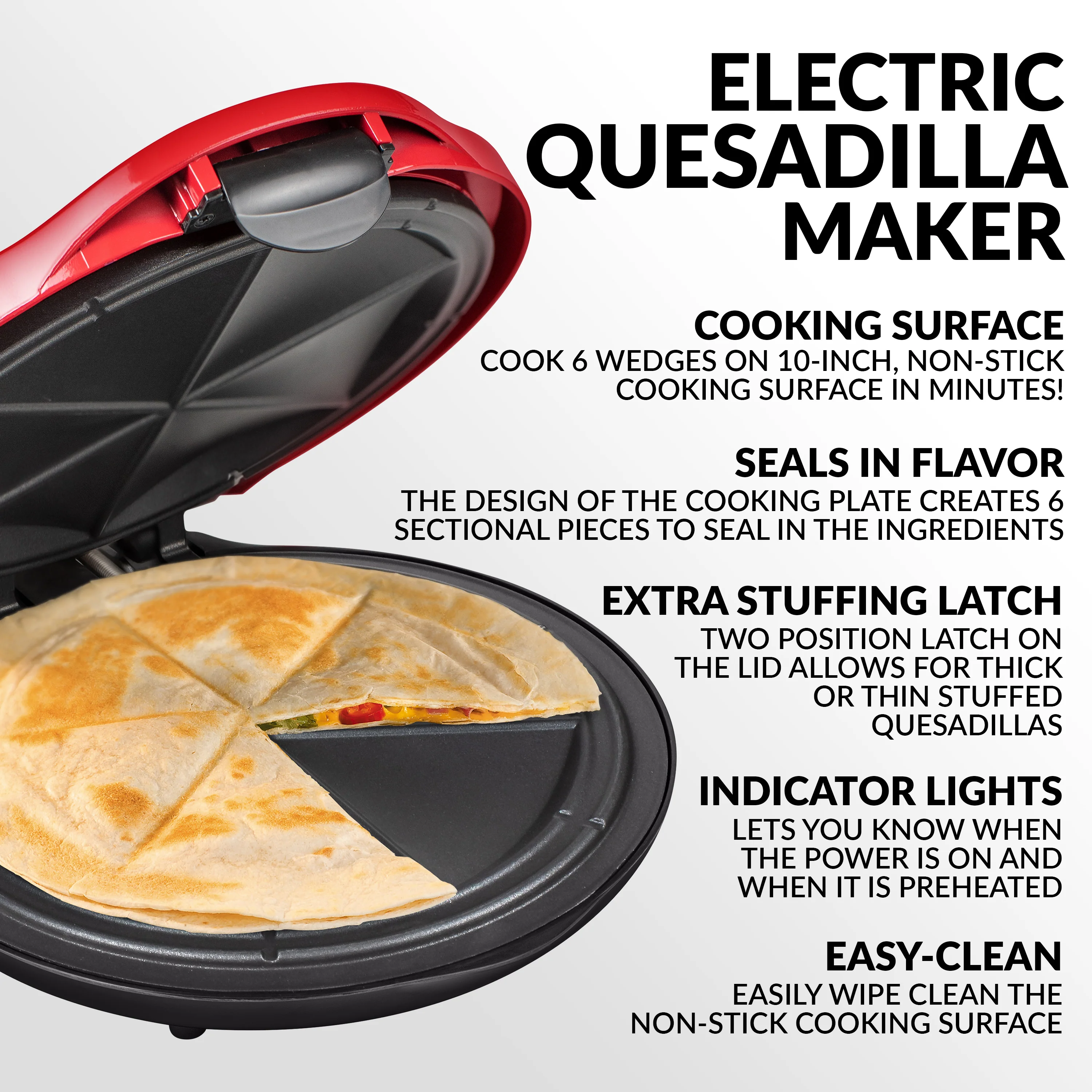 Taco Tuesday Deluxe 10-Inch 6-Wedge Electric Quesadilla Maker with Extra Stuffing Latch - Inhomebuy