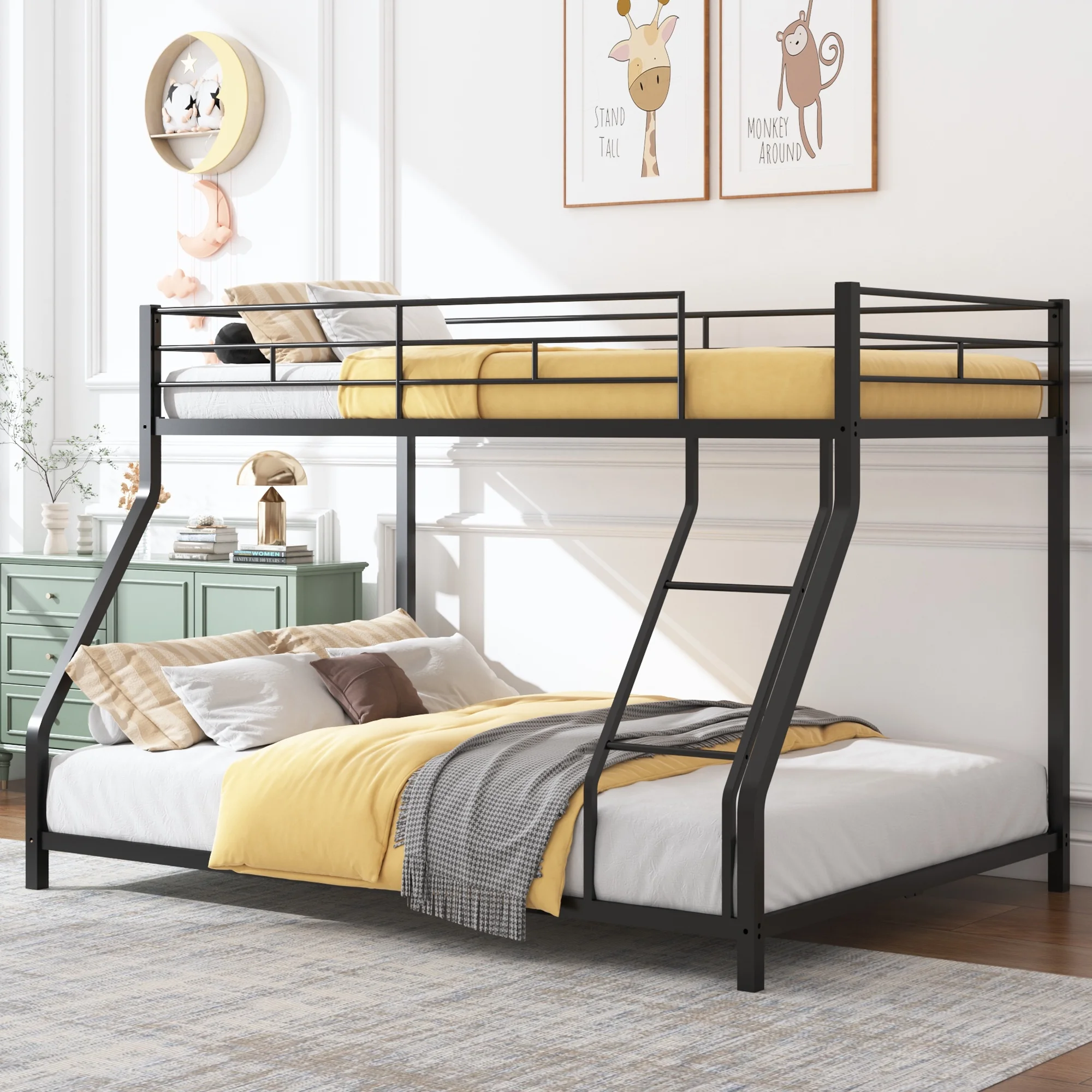 Twin Over Full Bunk Bed, Heavy-duty Metal Bunk Beds Twin Over Full Size, Low Profile Metal Bunk Bed, Space-saving Bunkbeds Frame for Kids Teens, Modern Kids Furniture, No Spring Box Need, Black - Inhomebuy