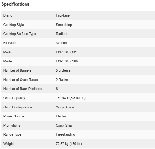 FRIGIDAIRE 30 IN 5.3 CU FT. ELECTRIC 5-BURNER RANGE WITH EVEN BAKING TECHNOLOGY - FCRE305CBS - Inhomebuy
