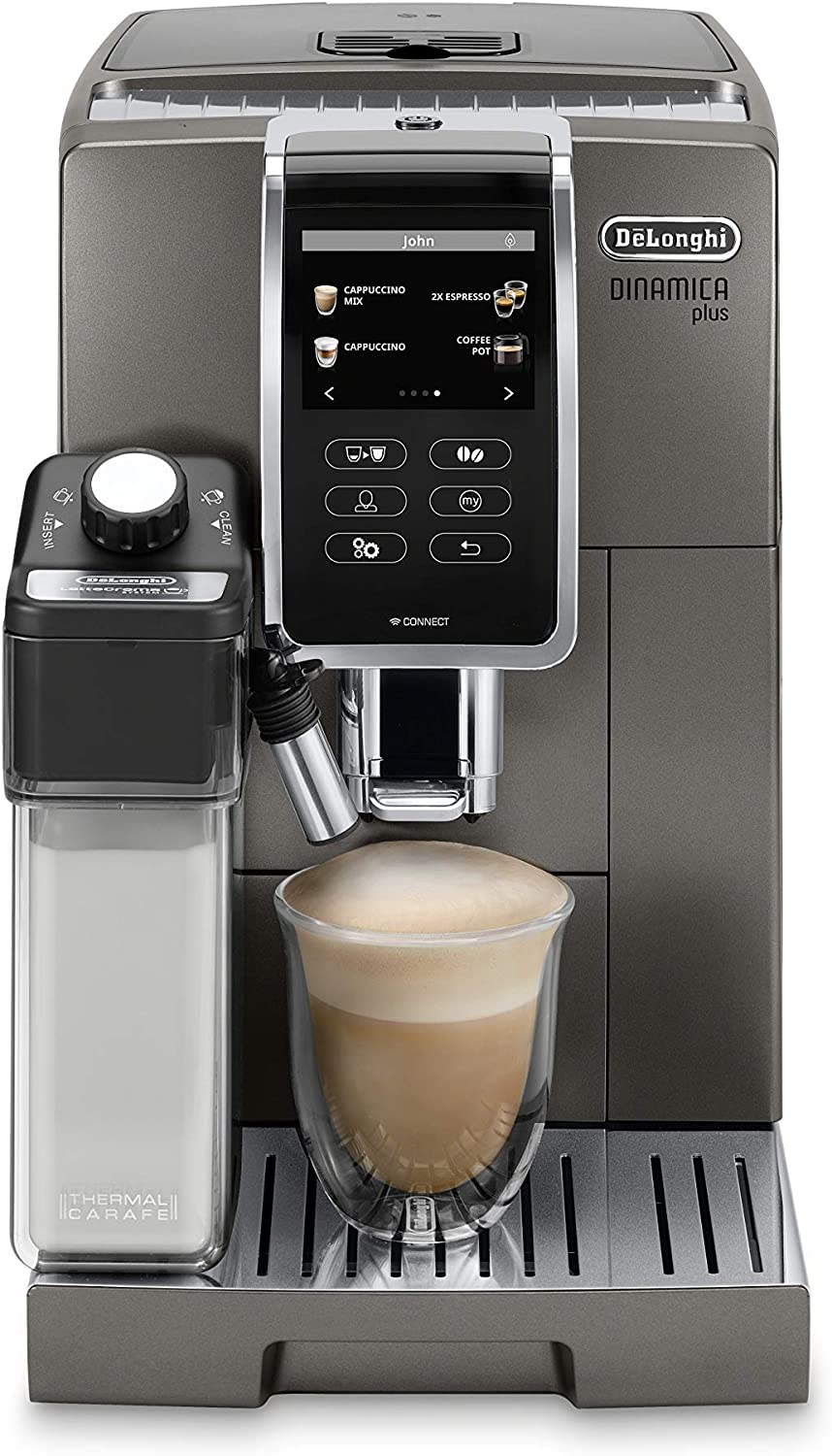 DeLonghi Dinamica Plus Connected Fully Automatic Espresso Maker: colour touch display, CoffeeLink connectivity app, automatic milk frother, titanium | ECAM37095TI - Inhomebuy