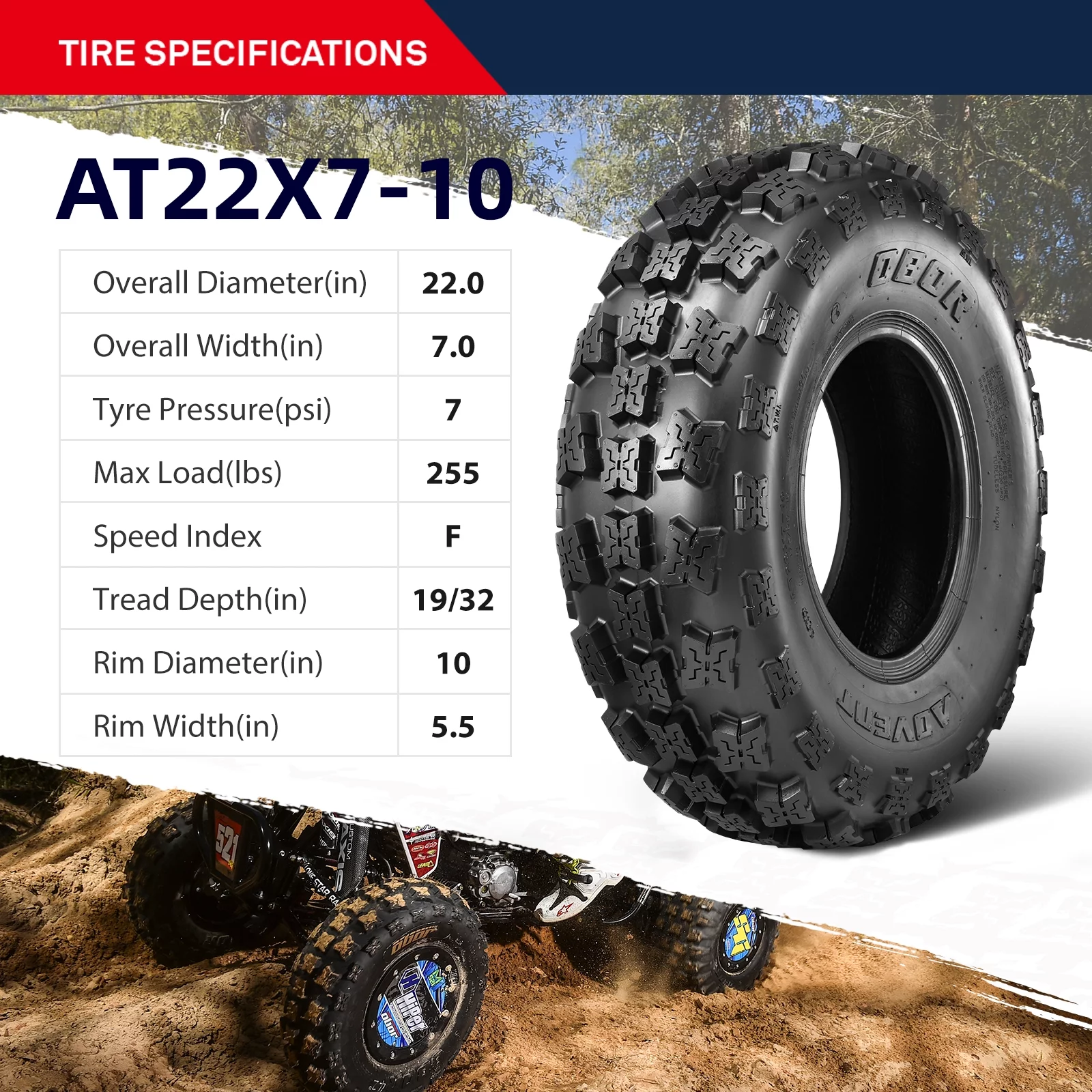 OBOR Advent  22x7x10 22x7-10 ATV Tires 6 Ply ATV All Terrain Front Tires SET OF 2 - Inhomebuy