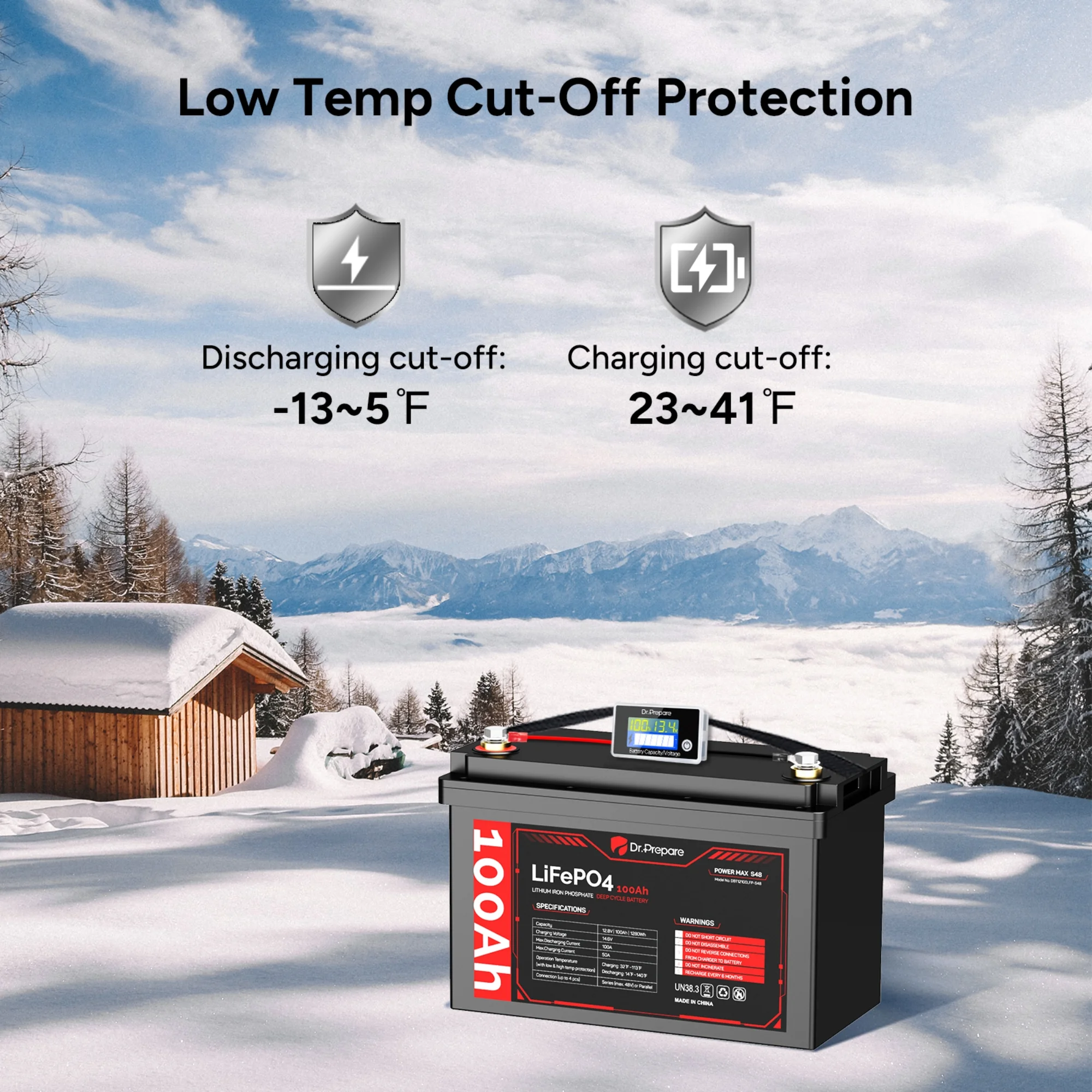 Dr. Prepare 100Ah LiFePO4 Lithium Deep Cycle Battery w/Battery Capacity Voltage Monitor for RV/Boat/Off-grid Cabin - Inhomebuy