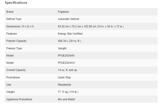 FRIGIDAIRE 20 CU FT. UPRIGHT FREEZER WITH AUTO-CLOSE DOORS - FFUE2024AN - Inhomebuy