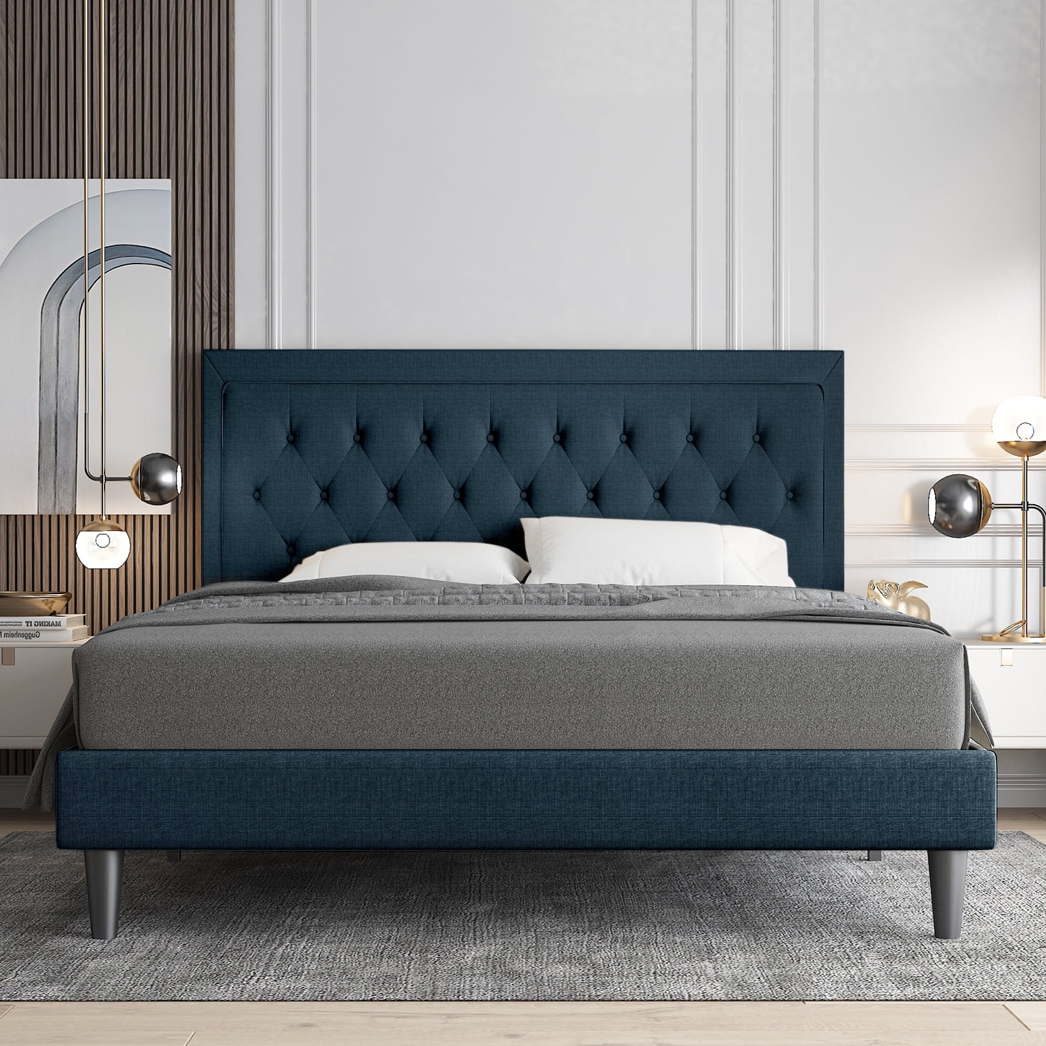 Allewie Queen Size Bed Frame Upholstered Platform Bed with Adjustable Headboard, Box Spring not Needed, Dark Grey - Inhomebuy