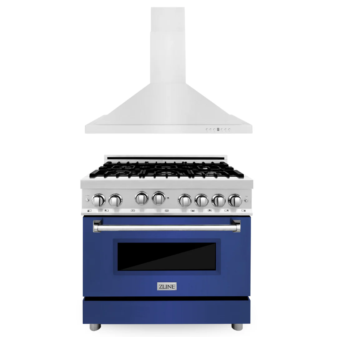ZLINE 36 in. Gas Range with Blue Matte Door & 36 in. Range Hood Appliance Package, 2KP-RGBMRH36 - Inhomebuy