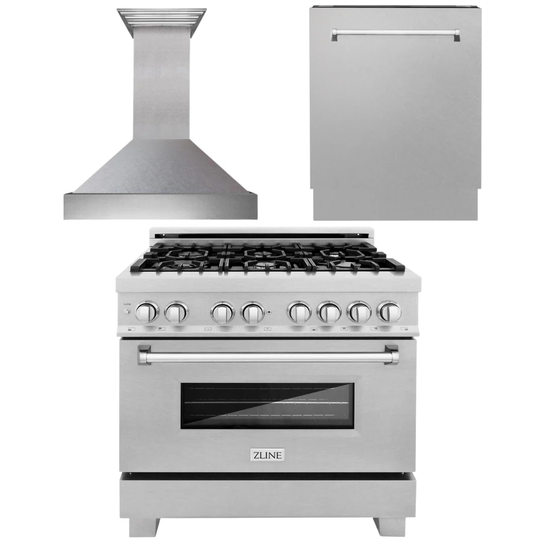 ZLINE 36 in. Kitchen Appliance Package with DuraSnow® Stainless Dual Fuel Range, Ducted Vent Range Hood and Tall Tub Dishwasher, 3KP-RASRH36-DWV - Inhomebuy