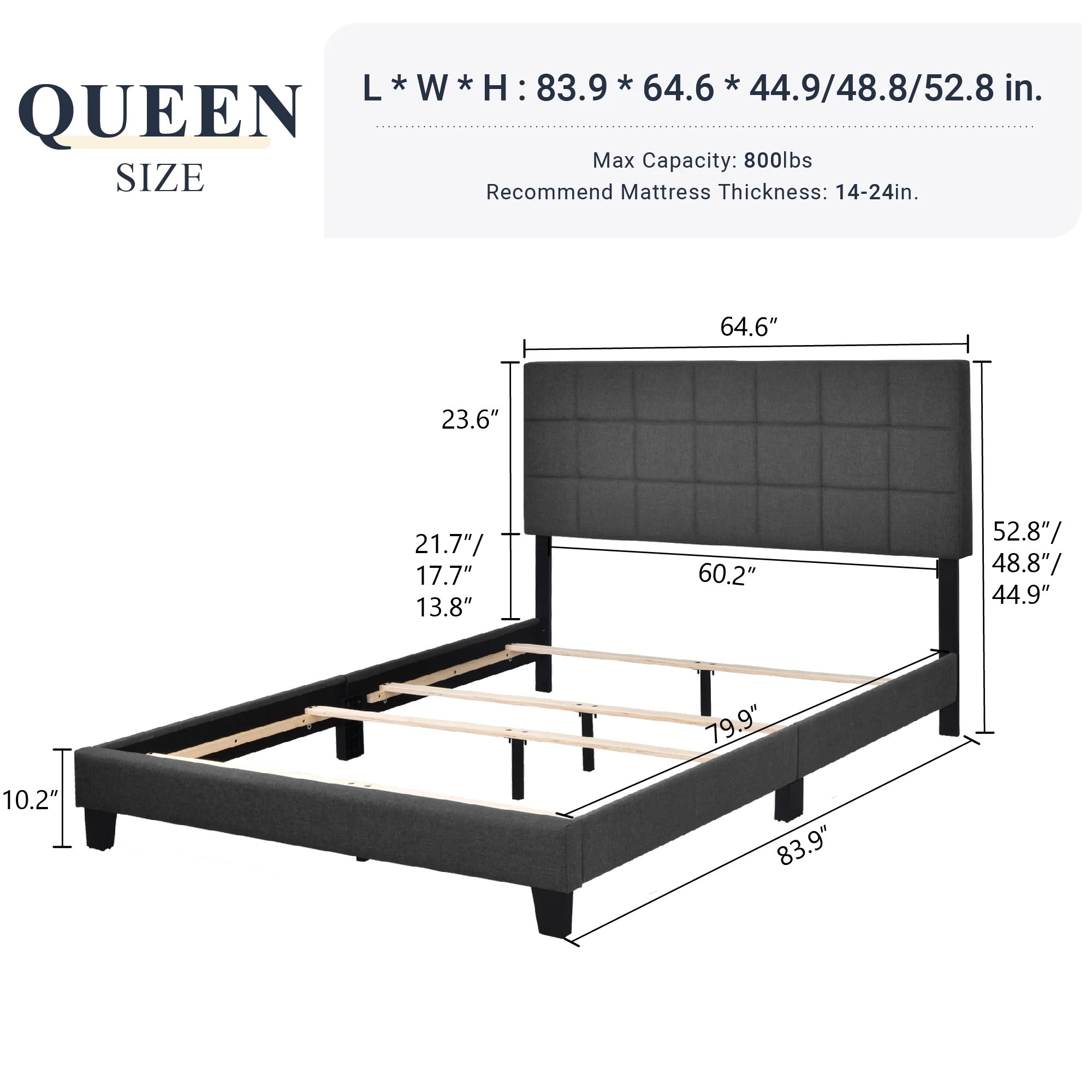 Allewie Queen Size Panel Platform Bed Frame with Adjustable High Upholstered Headboard, Grey - Inhomebuy