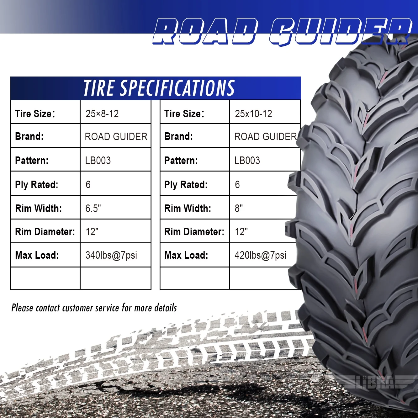 Roadguider ATV/UTV Tires 25x8-12 Front & 25x10-12 Rear 6PR 10272/273, Set 4 - Inhomebuy