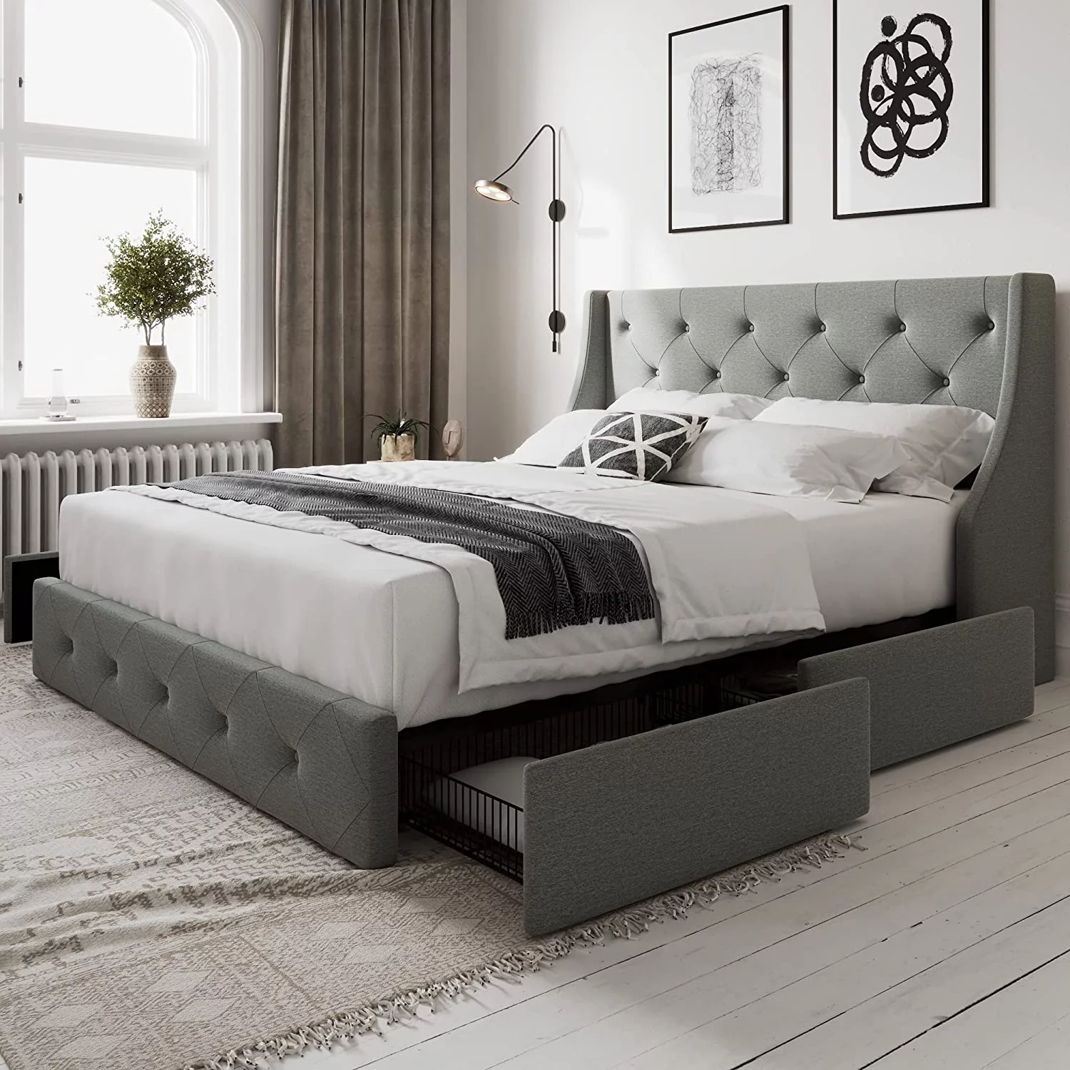 Allewie Queen Size Bed Frame with 4 Storage Drawers and Button Tufted & Wingback Headboard, Dark Grey - Inhomebuy