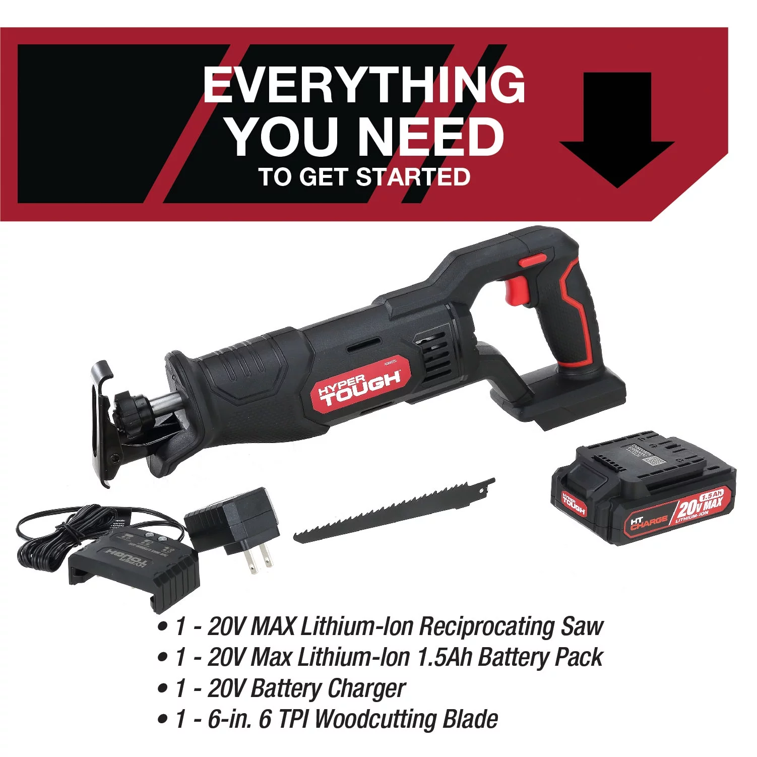 Hyper Tough 20V Max Lithium-ion Cordless Reciprocating Saw, Variable Speed, Keyless Blade Change, with 1.5Ah Lithium-Ion Battery and Charger, Wood Blade and LED Light - Inhomebuy