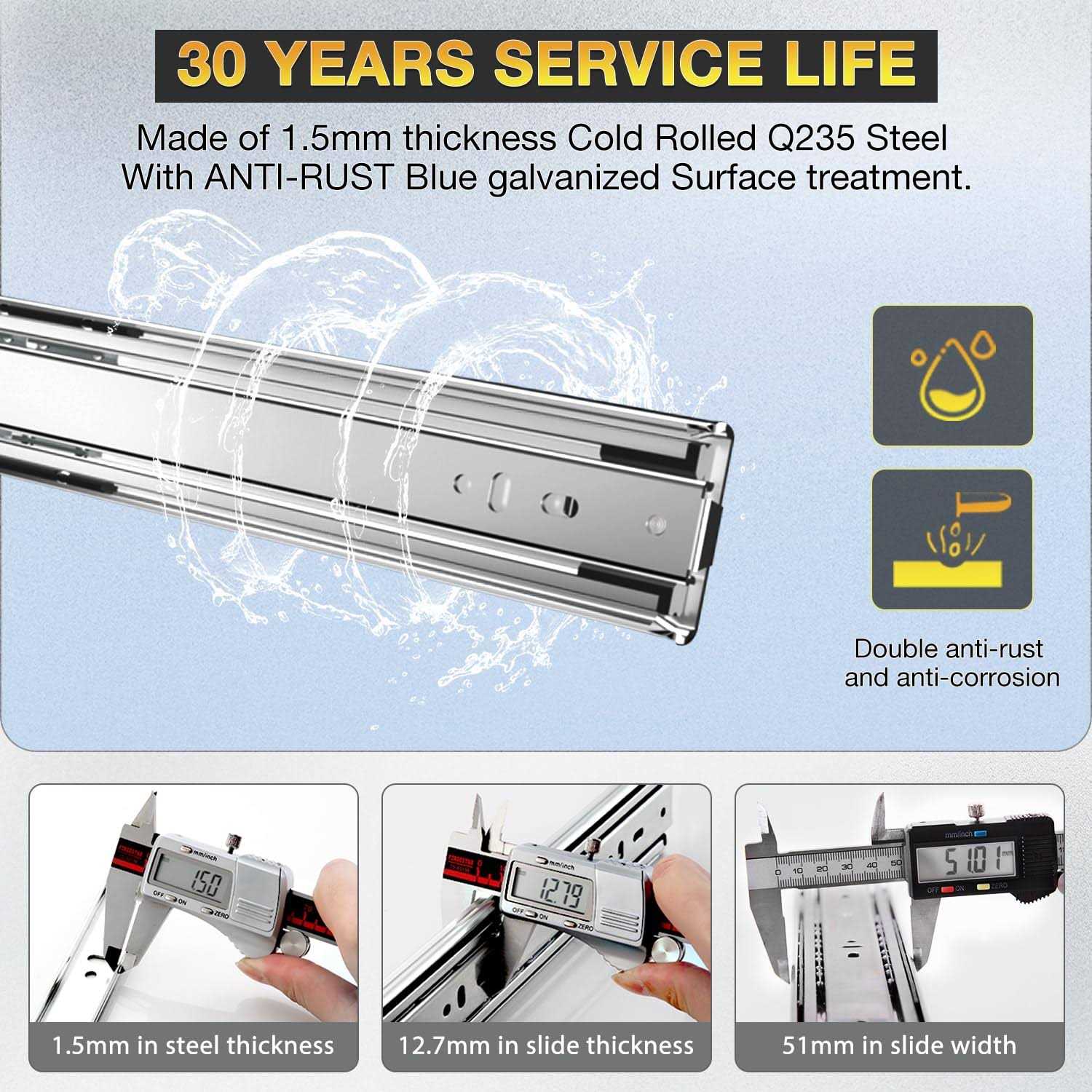 YENUO Heavy Duty Drawer Runners Slides with Lock 400 500 600 700 800 900 1000 Full Extension Ball Bearing Rails - Inhomebuy