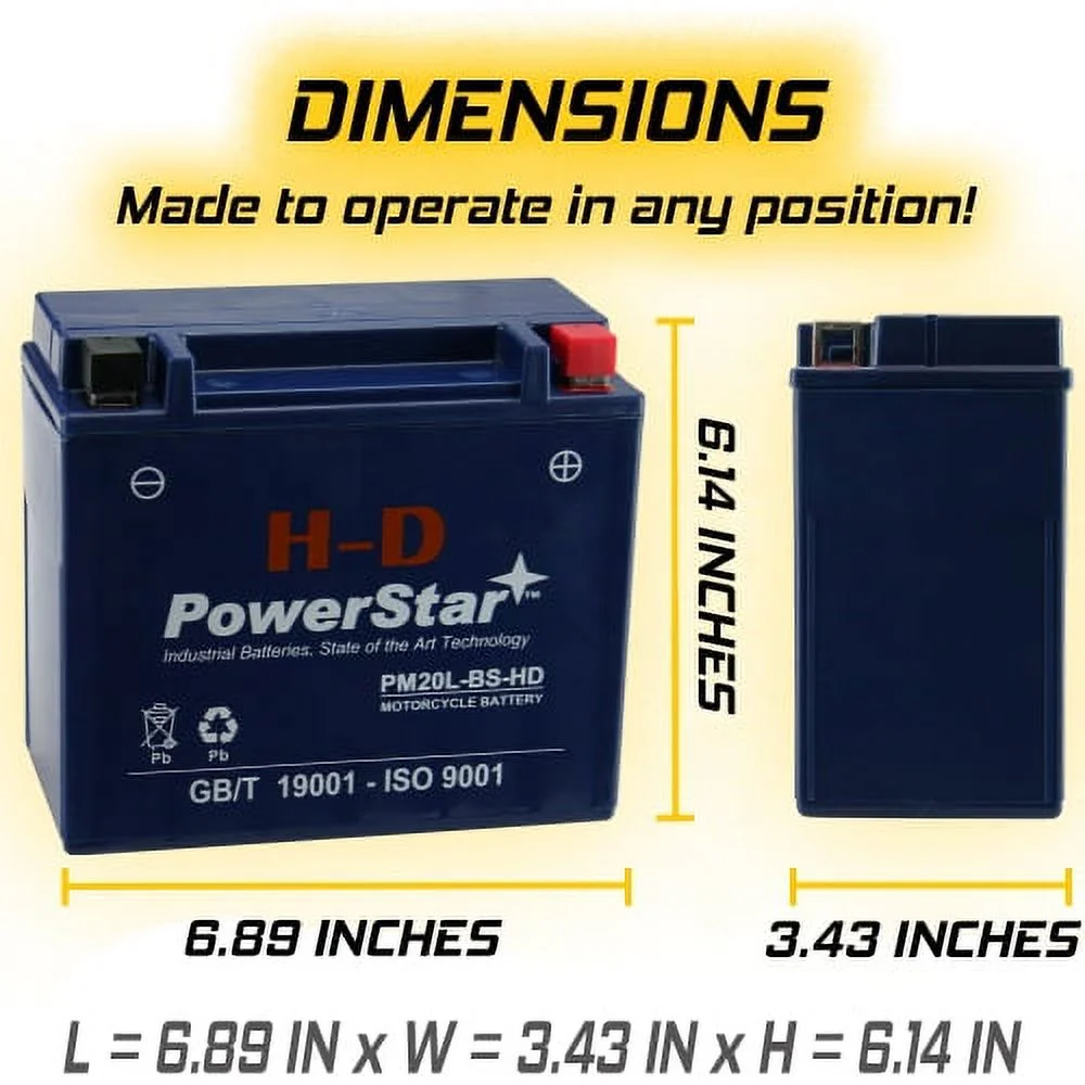 PowerStar Motorcycle Battery; RG20L-BS; Harley 2000 Dyna Wide Glide; Part# 65989-97A/B/C, ES20LBS, BTX20L-BS, YTX20L-BS - Inhomebuy
