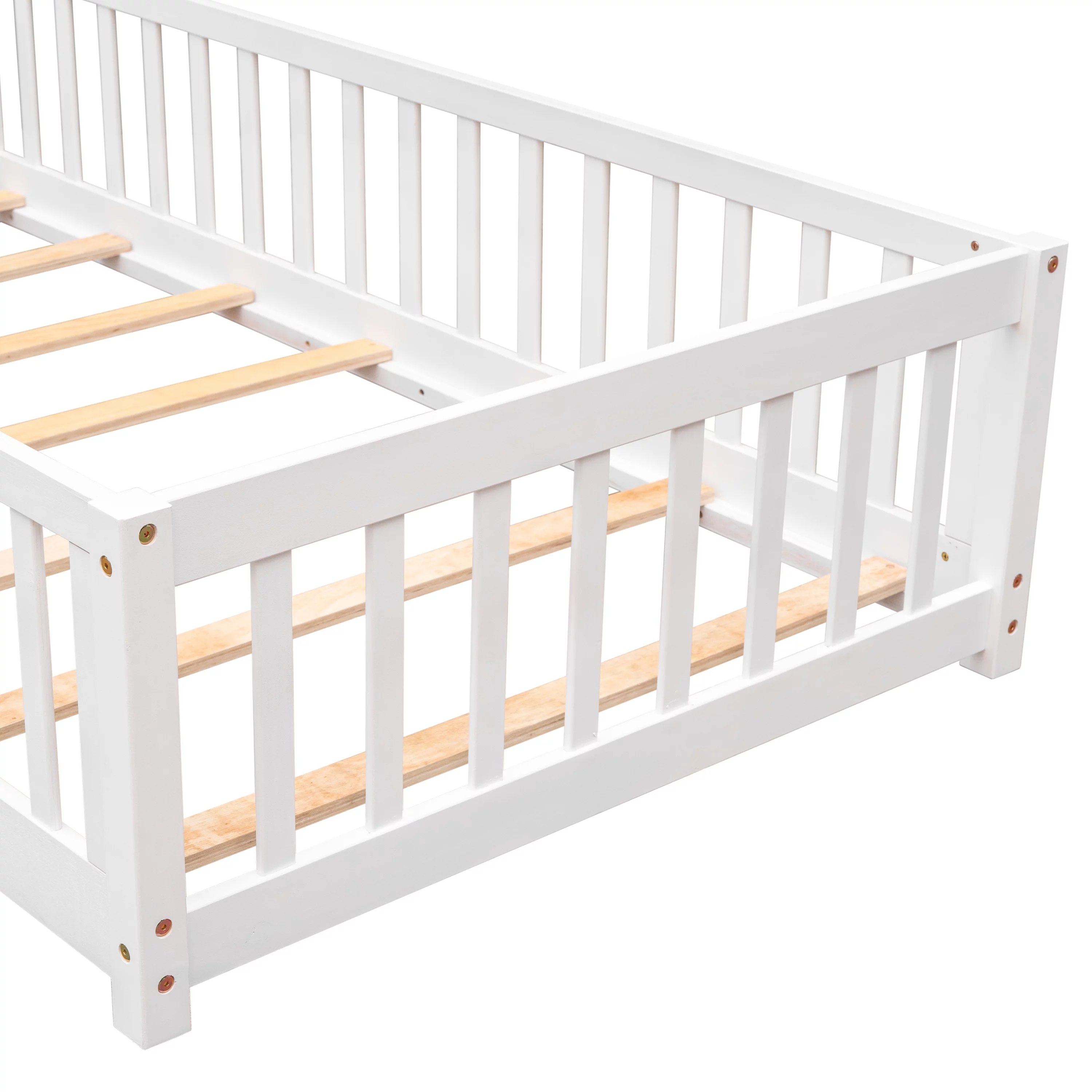 uhomepro Kids Toddler Bed with Fence and Door, Full Size Platform Bed Floor Bed, Wood Bed Frame No Box Spring Needed, Gray - Inhomebuy