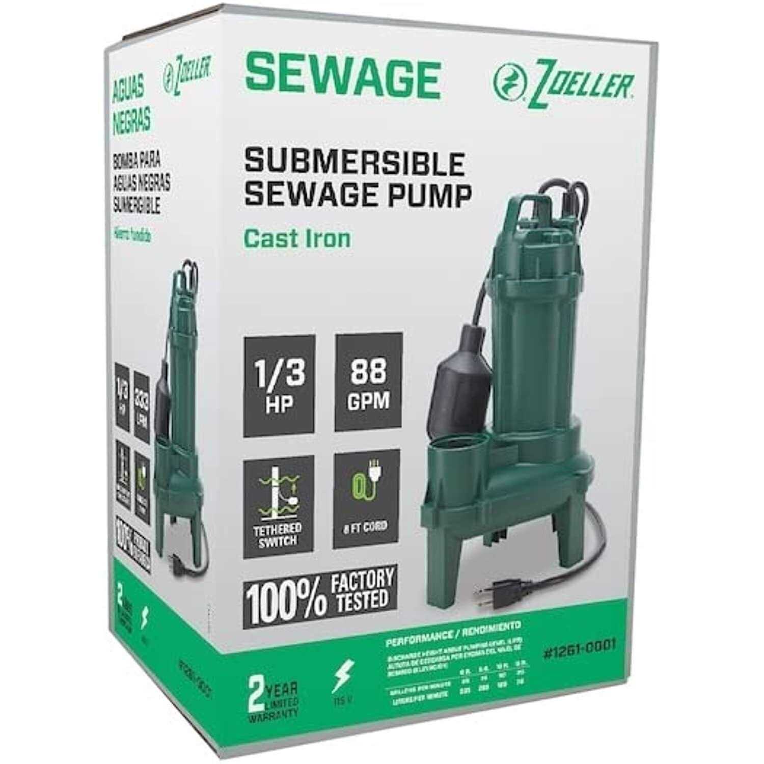 Zoeller 1/3 HP 2400 gph Thermoplastic Electronic Switch Bottom AC Submersible Utility Pump 1043-0006 - Inhomebuy