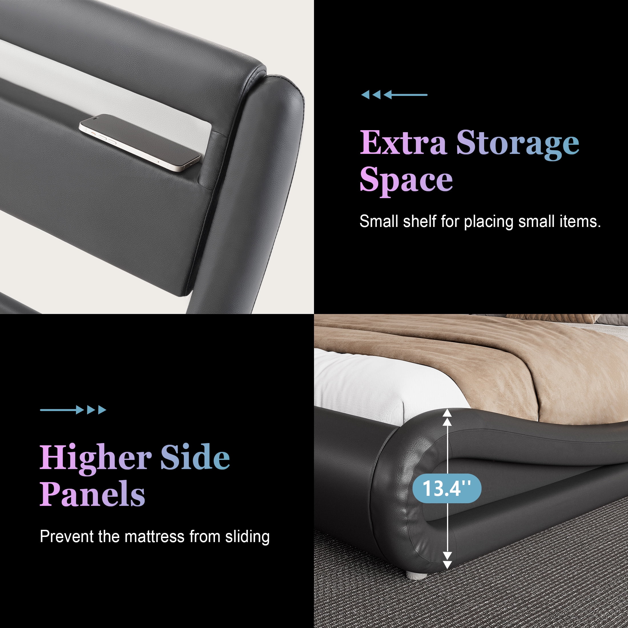 Amolife Queen Size Wave-Like Curve Deluxe Upholstered Modern Bed Frame with LED Headboard, Black - Inhomebuy