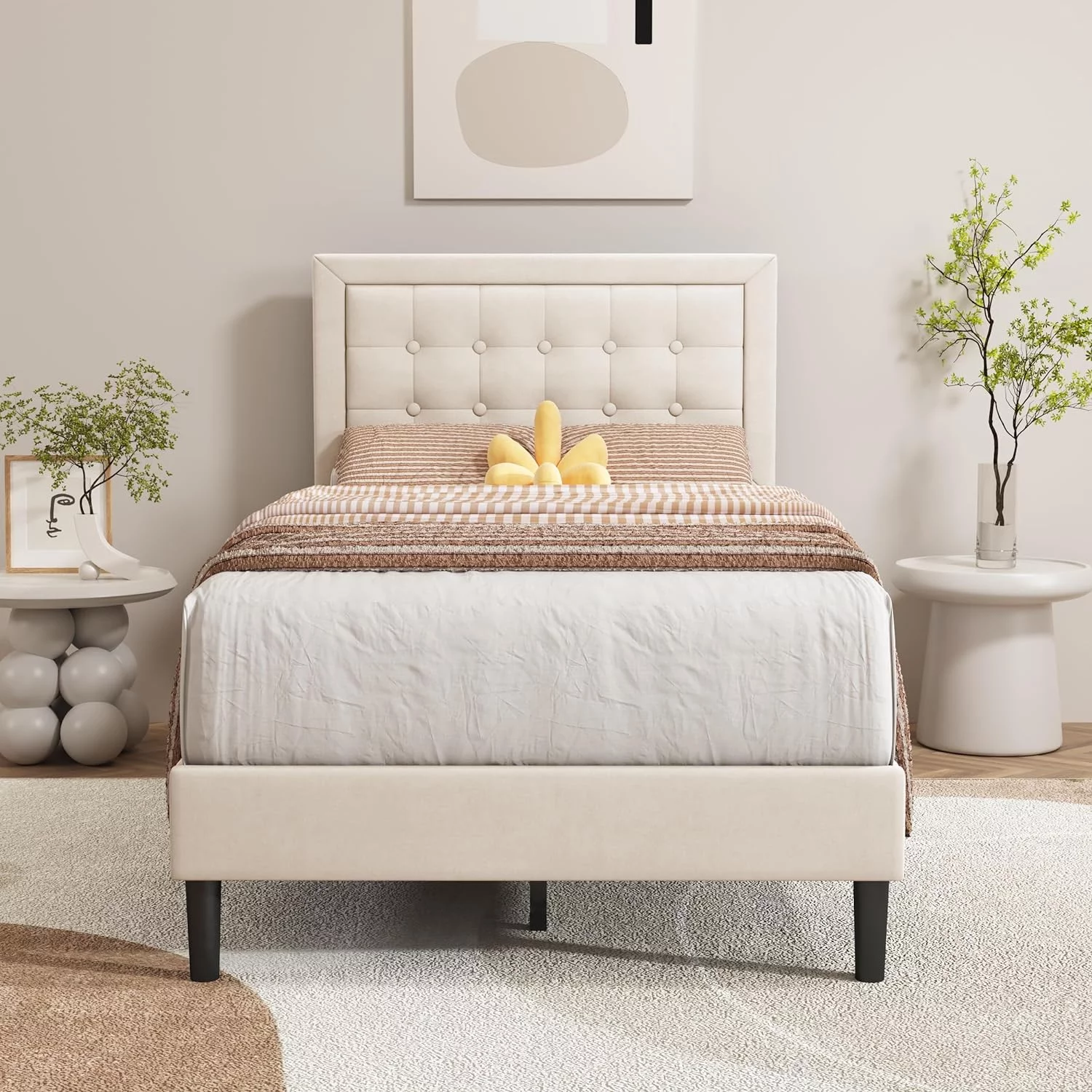 alazyhome Velvet Upholstered Platform Bed Frame Twin Size with Button Tufting Headboard , Easy Assembly, Pink - Inhomebuy