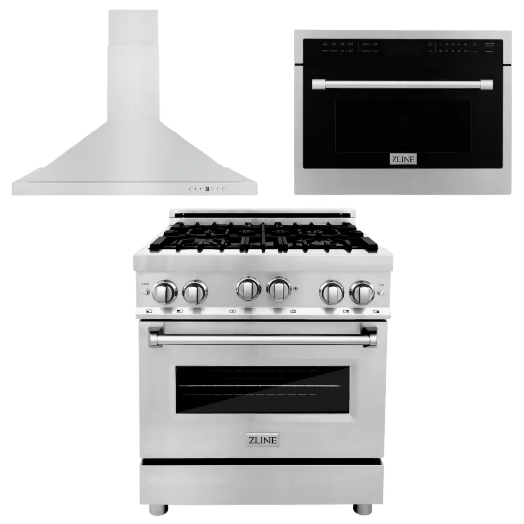 ZLINE Appliance Package - 30 In. Gas Range, Range Hood, Microwave Oven in Stainless Steel, 3KP-RGRHMWO-30 - Inhomebuy