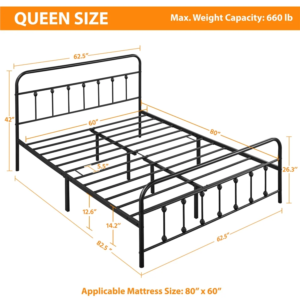 Alden Design Metal Platform Queen Bed with High Headboard, Black - Inhomebuy