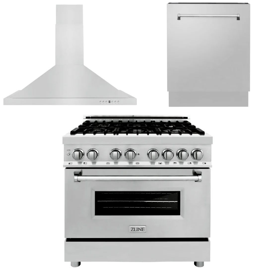 ZLINE Appliance Package - 36 in. Dual Fuel Range, Range Hood, 3 Rack Dishwasher, 3KP-RARH36-DWV - Inhomebuy