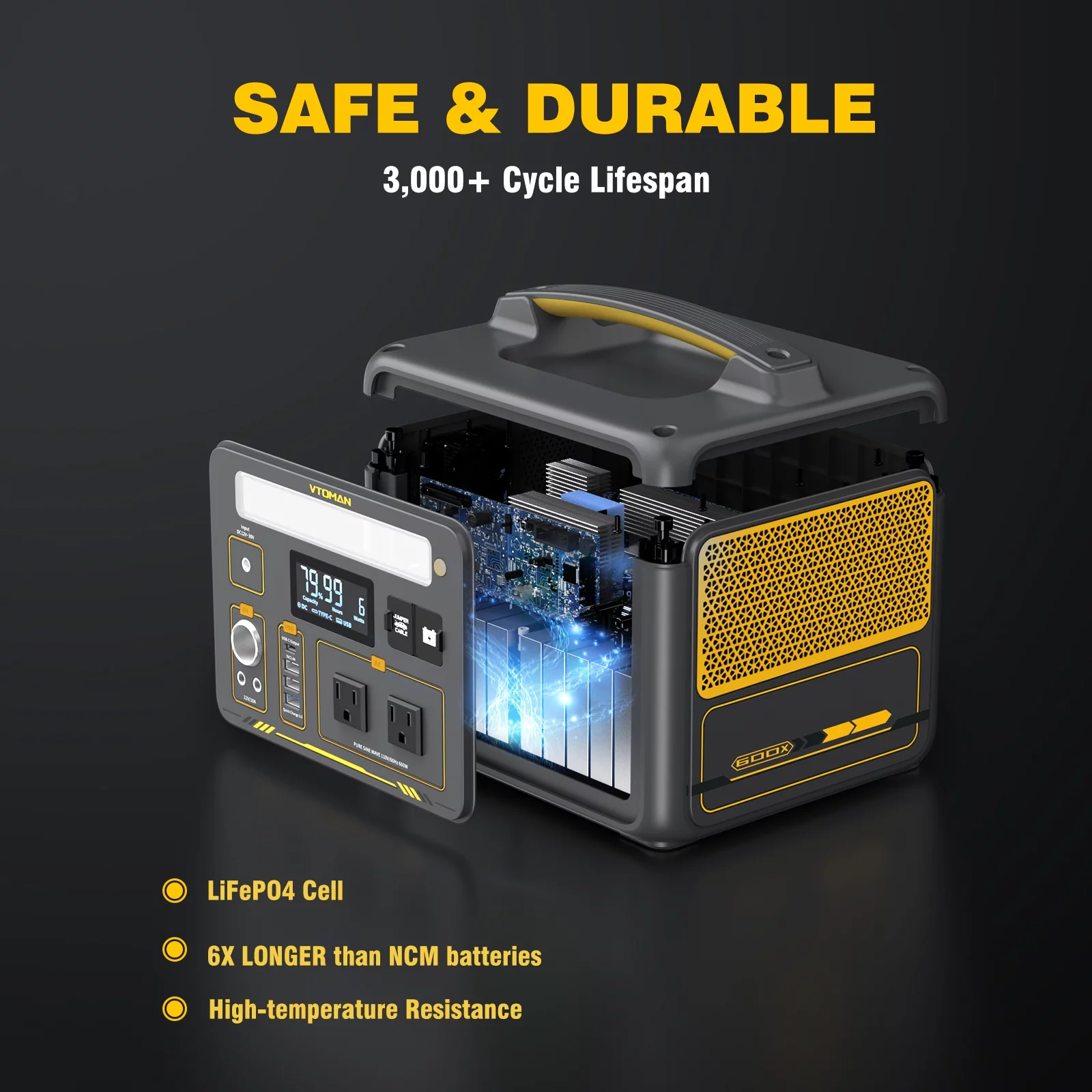 VTOMAN Jump 600X Portable Power Station 600W (1200W Peak), 299Wh LFP Solar Generator with 110V/600W AC Outlet, Jump Starter, 60W USB Port, 12V DC Output for Camping & Home Backup - Inhomebuy