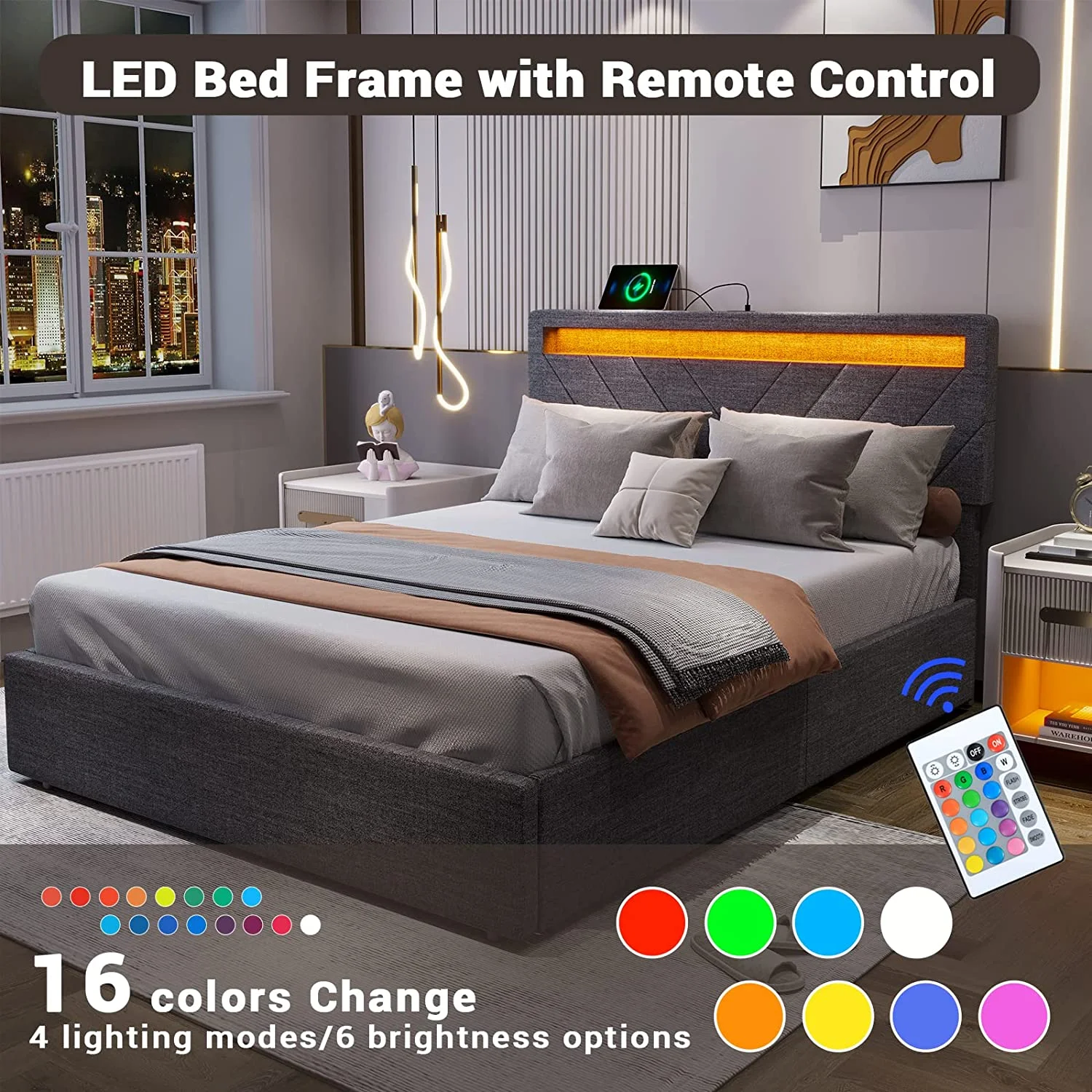 ADORNEVE Queen Size LED Bed Frame with Drawers, Upholstered Platform Bed with 2 USB Charging Station, No Box Spring Needed, Light Grey - Inhomebuy