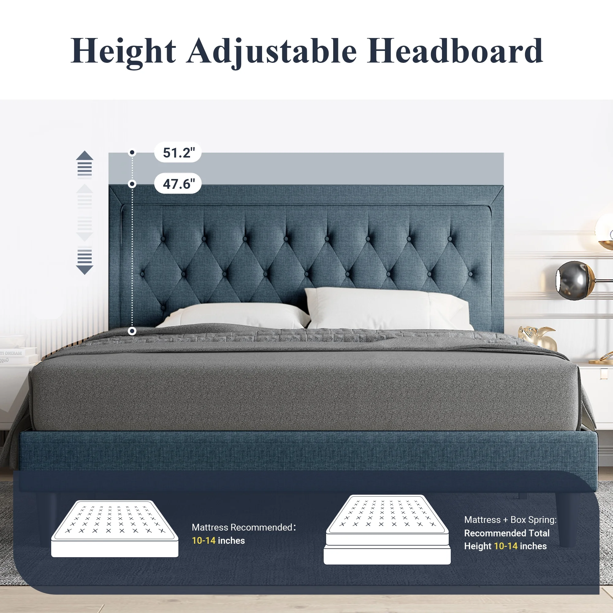 Allewie Queen Size Bed Frame Upholstered Platform Bed with Adjustable Headboard, Box Spring not Needed, Dark Grey - Inhomebuy