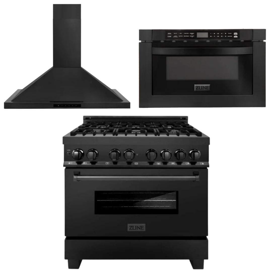 ZLINE Appliance Package - 36 in. Dual Fuel Range, Range Hood, Microwave in Black Stainless Steel, 3KP-RABRBRH36-MW - Inhomebuy