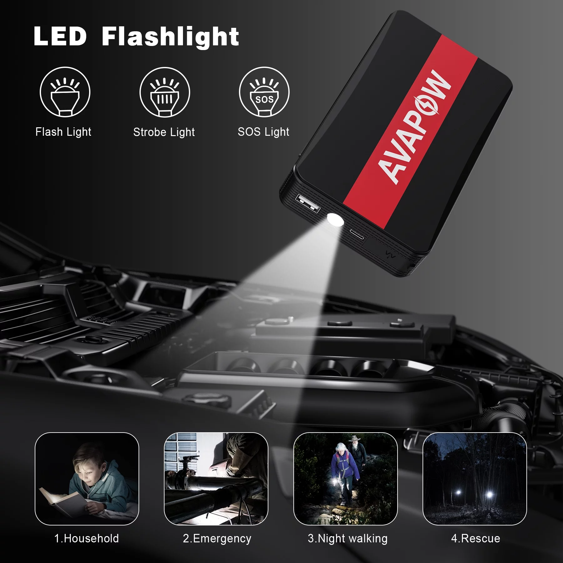 AVAPOW Car Jump Starter - 1000A Peak 12V Battery Jump Starter (up to 7.0L Gas) Booster Pack - Power Bank with Built-in LED Light - Inhomebuy