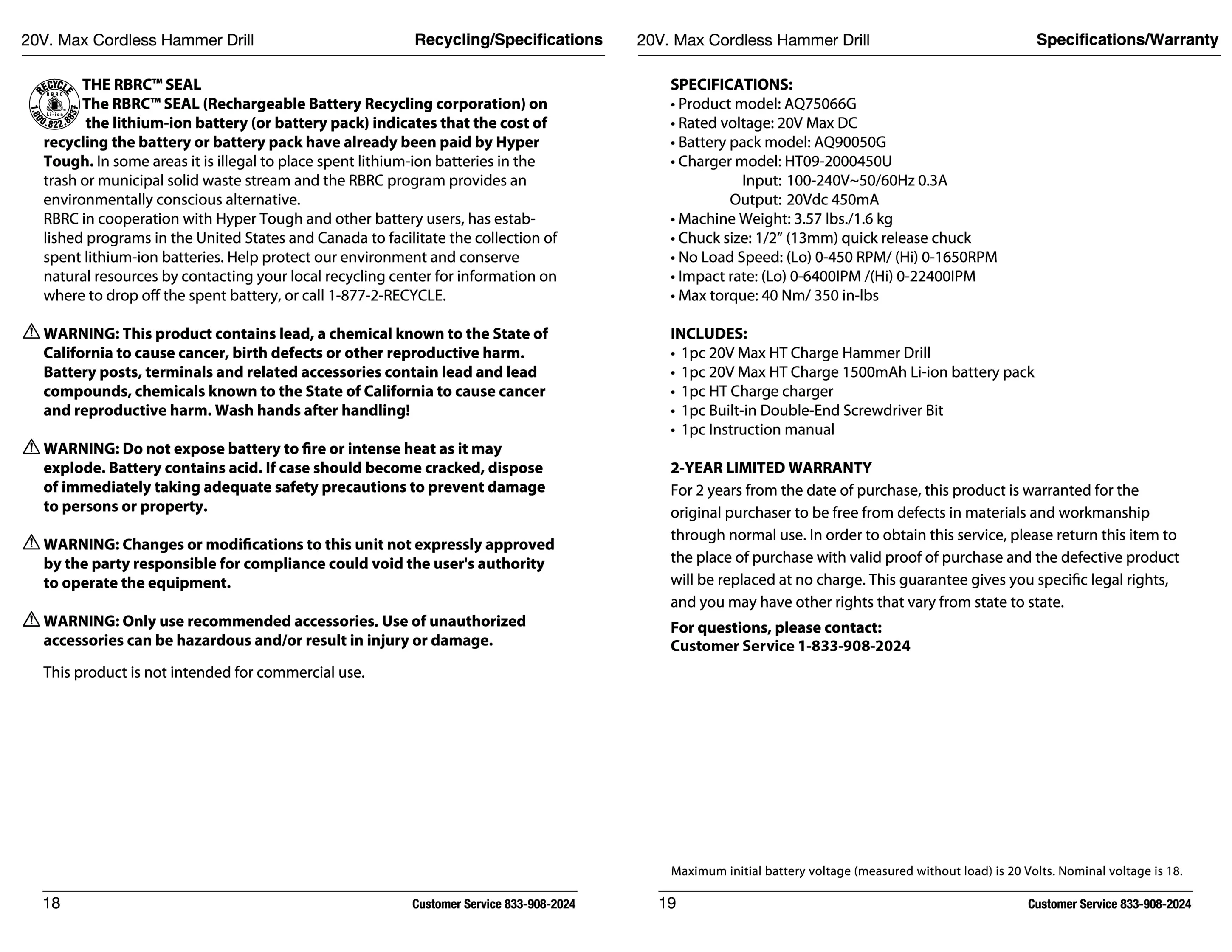 Hyper Tough 20V Max Lithium-Ion Cordless Hammer Drill, 1/2 inch Chuck, 2 Speeds with 1.5Ah Lithium-ion Battery & Charger, Bit Holder & LED Light - Inhomebuy