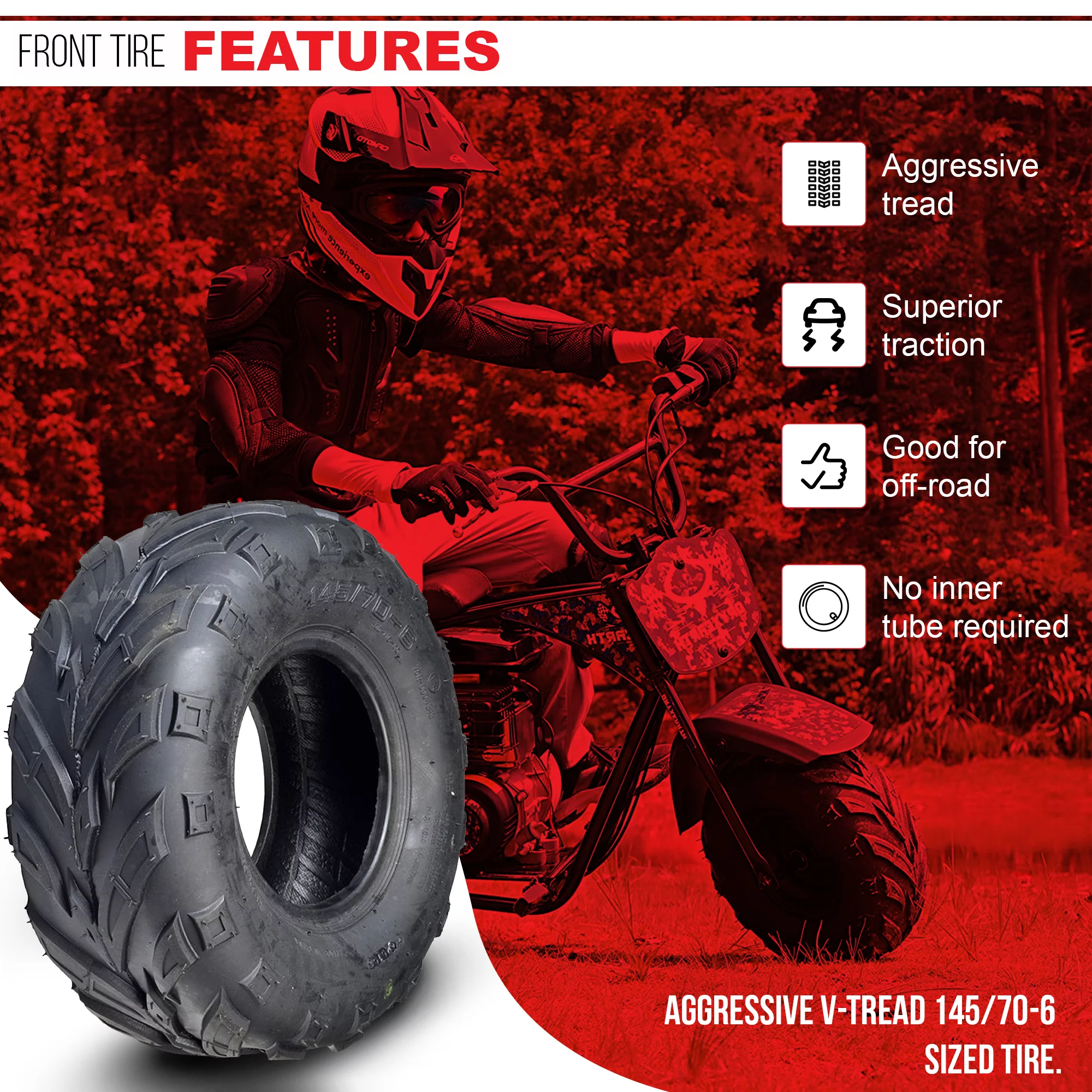 AlveyTech 145/70-6 Front Tire with V-Tread for the Coleman KT196/CK196-T Go-Kart, All Terrain - Inhomebuy
