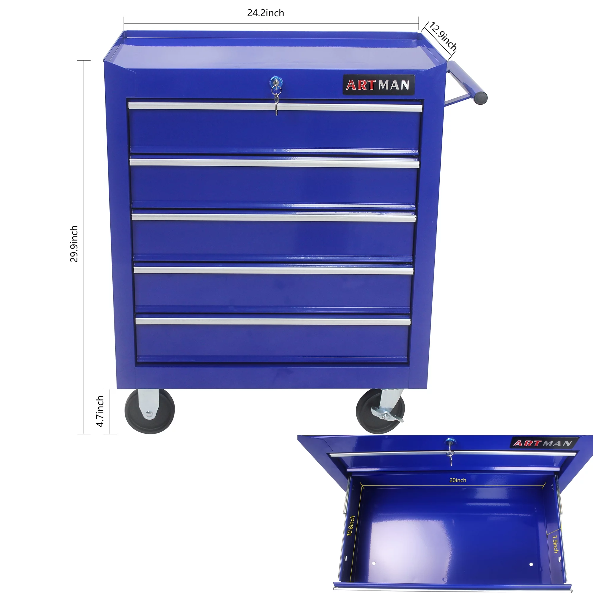 5 Drawers Rolling Tool Chest Cabinet with Wheels, Tool Storage Cabinet and Tool Cart Organizer for Garage Warehouse Workshop, Blue - Inhomebuy