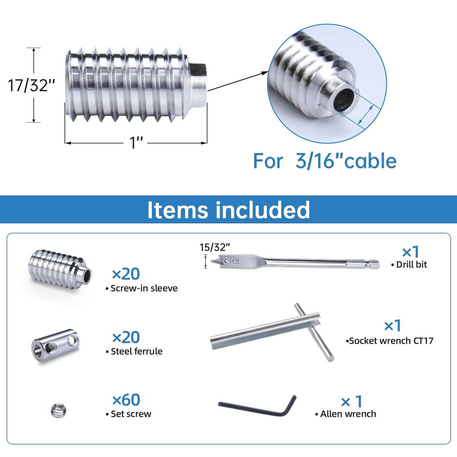 Muzata 1/8 Invisible Cable Railing Kit Lag Screw Cable Genie Tensioner Hidden T316 Stainless Steel for 4×4 6×6 8×8 Wood Posts Deck - Inhomebuy