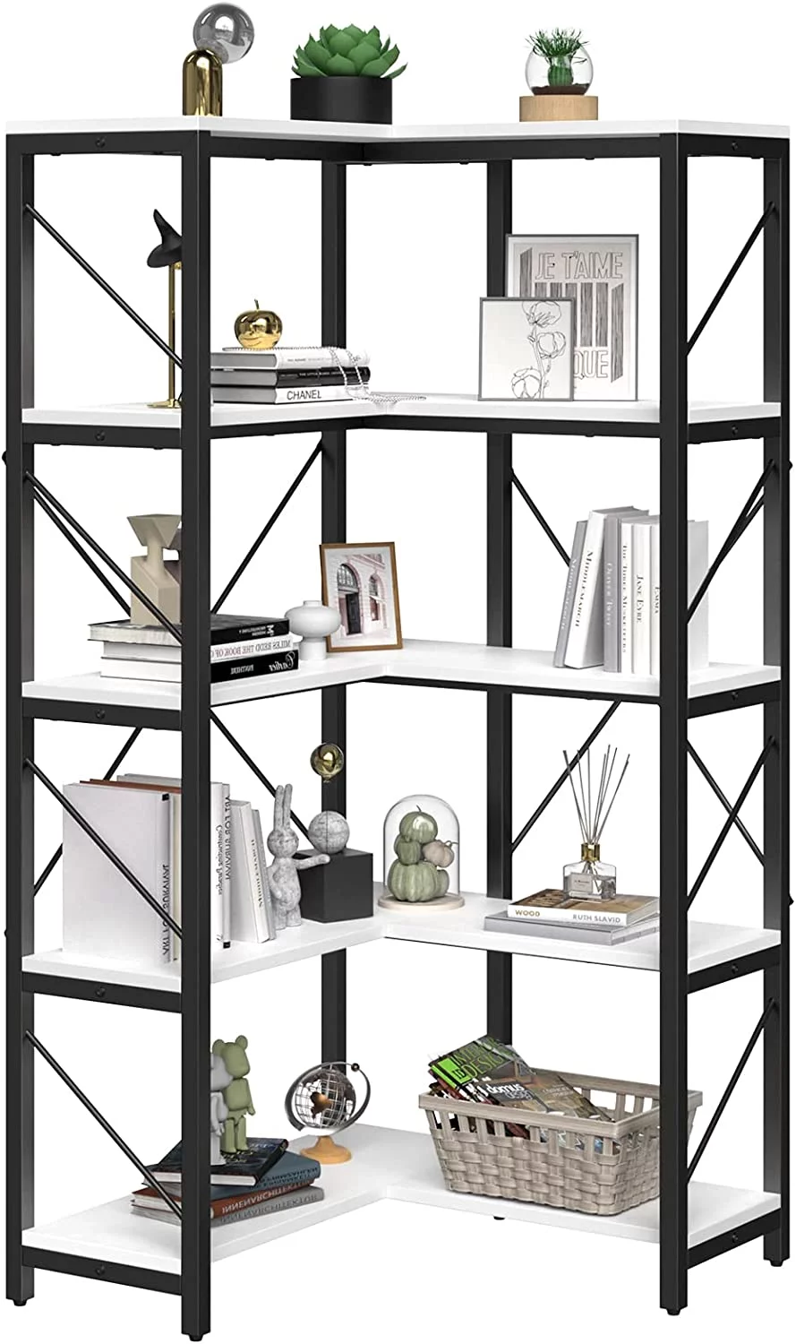 5-Tier L-Shaped Bookcase Storage Organizer, Tall Corner Bookshelf Open Display Freestanding Storage,Dark Gray - Inhomebuy