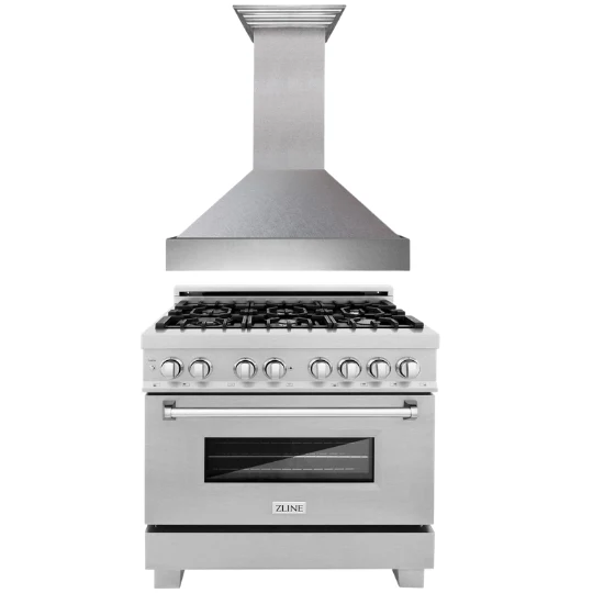 ZLINE 36 in. Dual Fuel Range & 36 in. Range Hood in DuraSnow® Appliance Package, 2KP-RASSNRH36 - Inhomebuy