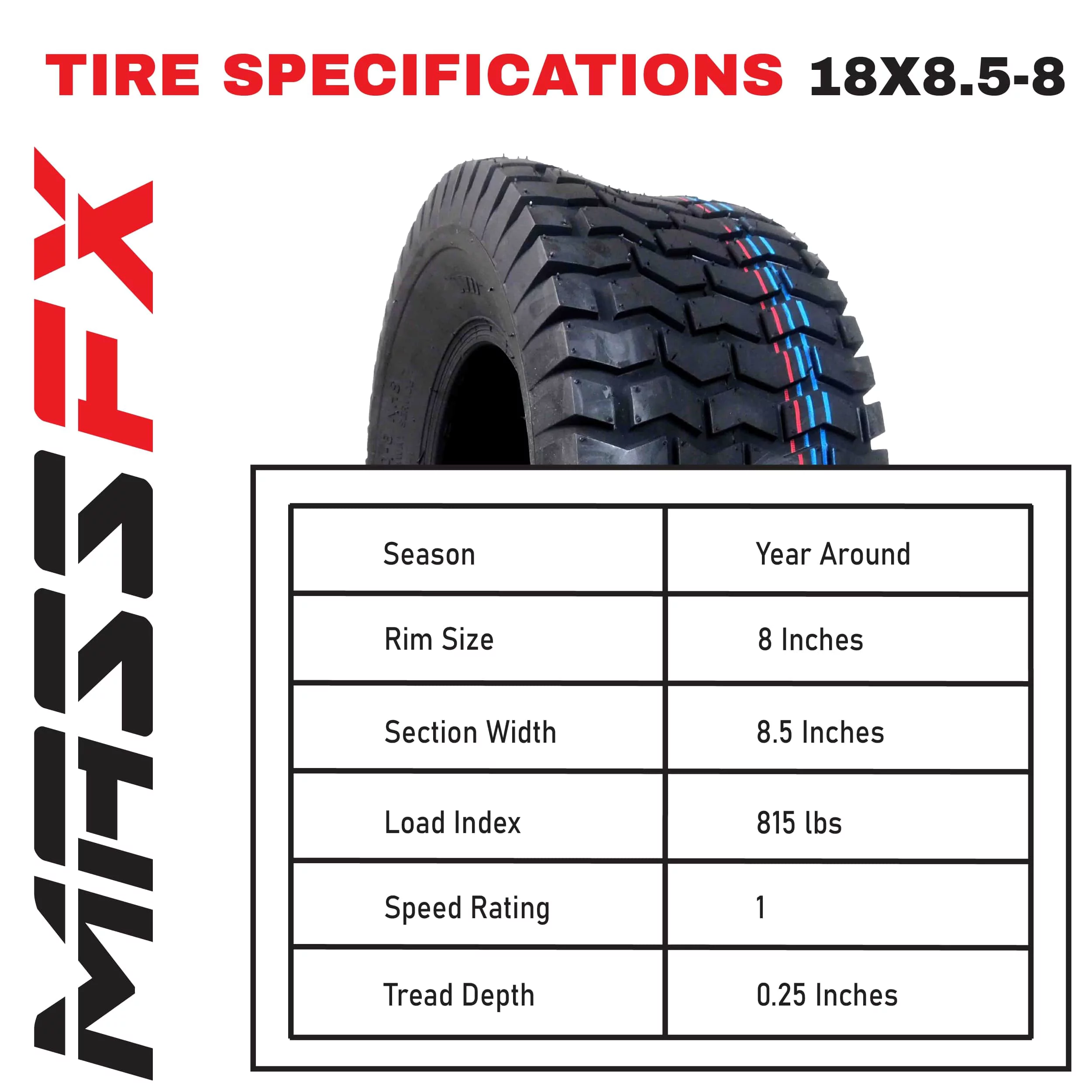 MASSFX 18x8.5-8 Golf Cart, Turf, Lawn & Garden Tire 4 Ply with 6mm Tread Depth 18x8.5x8 (4 Pack) - Inhomebuy