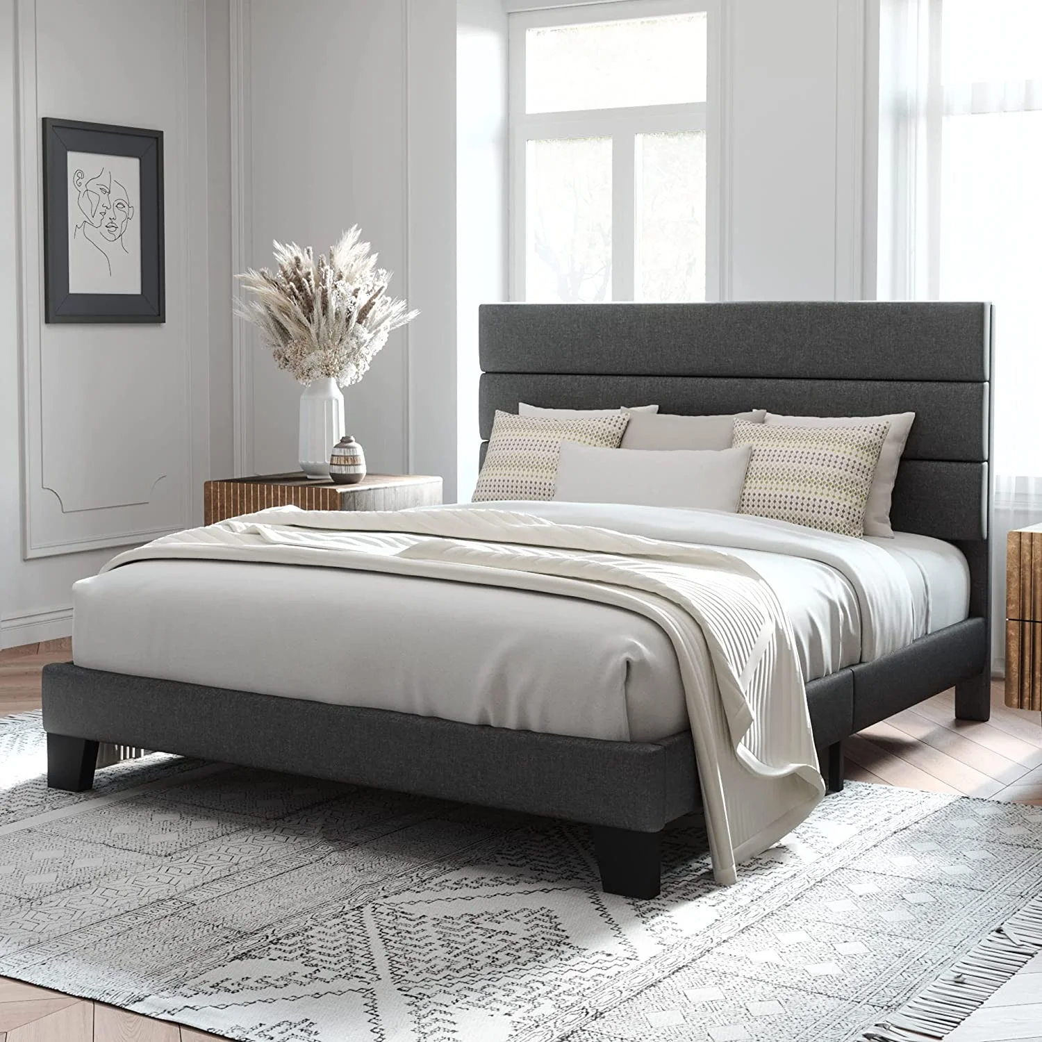 Allewie Queen Size Platform Bed Frame with Fabric Upholstered Headboard, No Box Spring Needed, Dark Grey - Inhomebuy