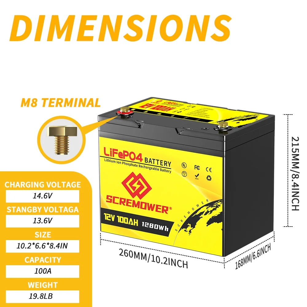 12V 100Ah LiFePO4 Lithium Battery 100A BMS for 300W Solar Pannel, Marine, RV,Camping - Inhomebuy
