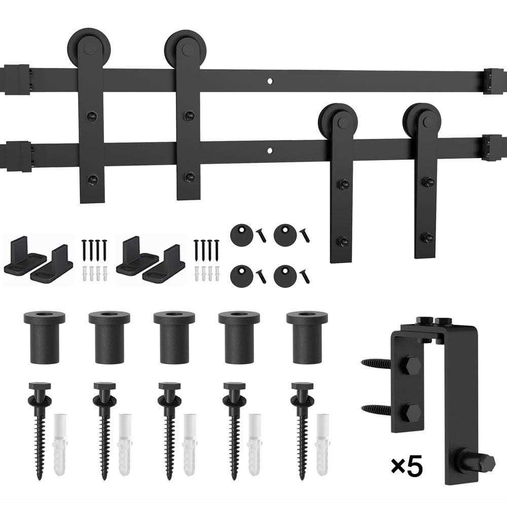 WINSOON 6 ft. Frosted Black Strap Sliding Barn Door Track Hardware Kit for Double Wood Doors Non-Routed Floor Guide - Inhomebuy