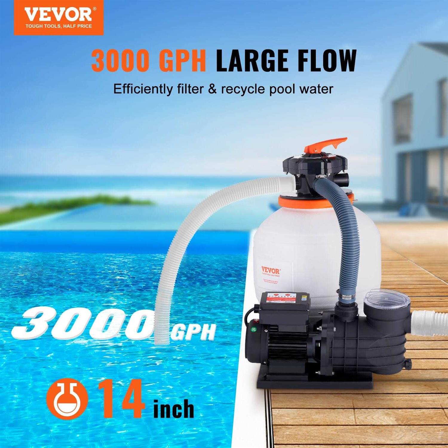VEVOR Sand Filter Pump GPH Swimming Pool Pump Filter Set with 6-Way Multi-Port Valve Pool - Inhomebuy