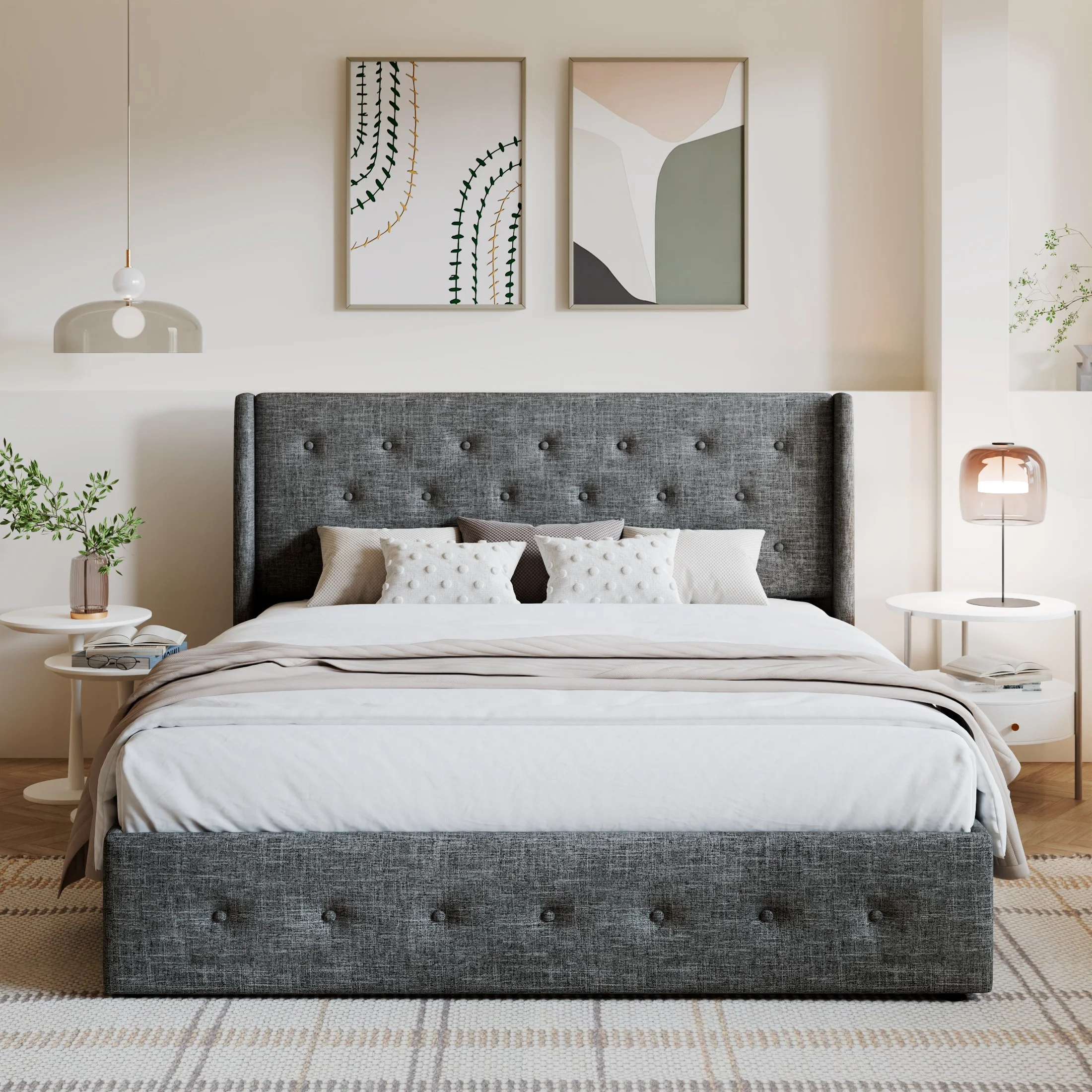 Amolife King Size Upholstered Lift up Storage Platform Bed Frame with Channel Wingback Headboard, Beige, Adult - Inhomebuy