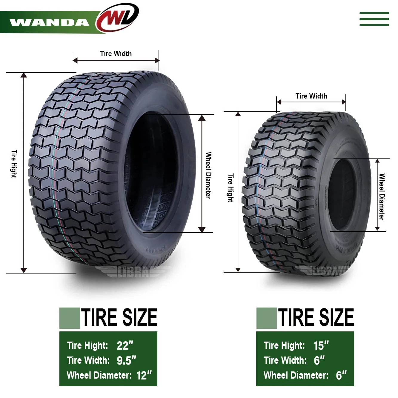 WANDA 15X6-6 & 22X9.5-12 Lawn Mower Tractor Cart Turf Tires 4 Ply-13114/13135, Set 4 - Inhomebuy