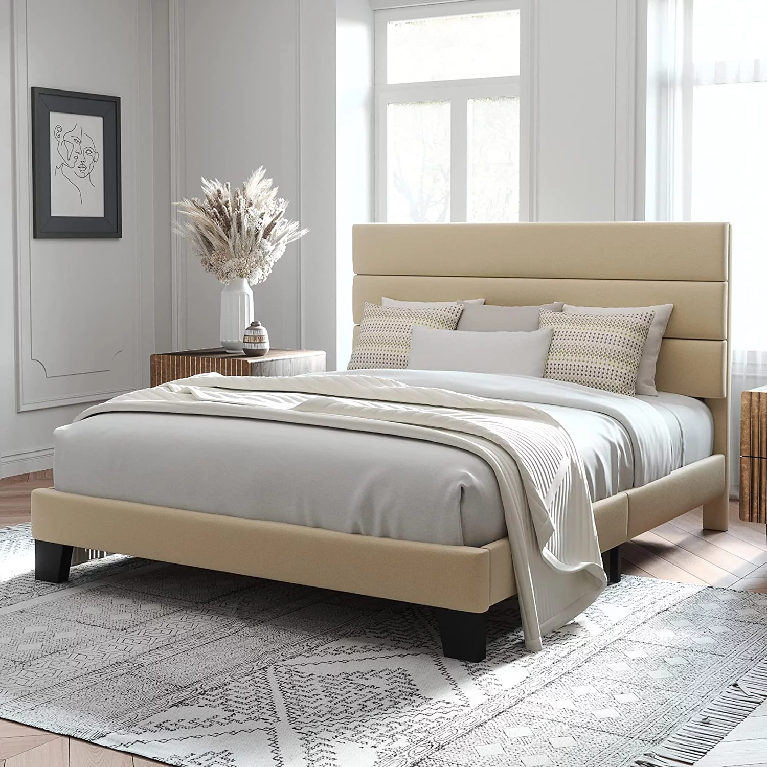 Allewie Queen Size Platform Bed Frame with Fabric Upholstered Headboard, No Box Spring Needed, Dark Grey - Inhomebuy