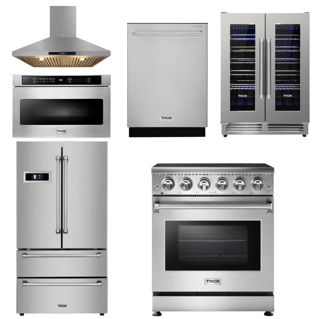 Thor Kitchen Package - 30 inch Electric Range, Range Hood, Microwave, Refrigerator, Dishwasher, Wine Cooler, AP-HRE3001-8 - Inhomebuy