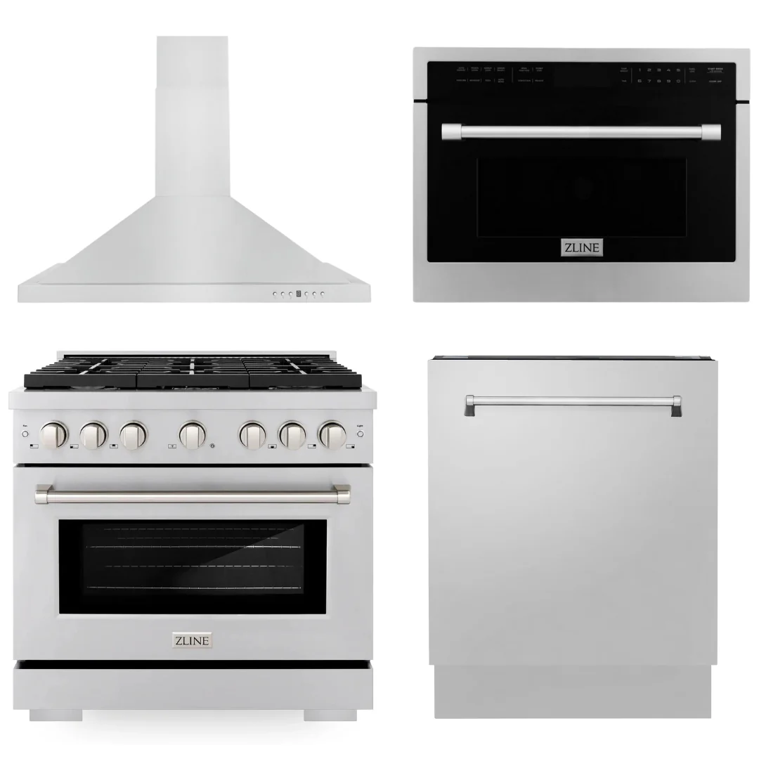 ZLINE Appliance Package - 36 in. Gas Range, Range Hood, Microwave Oven, 3 Rack Dishwasher, 4KP-RGRH36-MODWV - Inhomebuy
